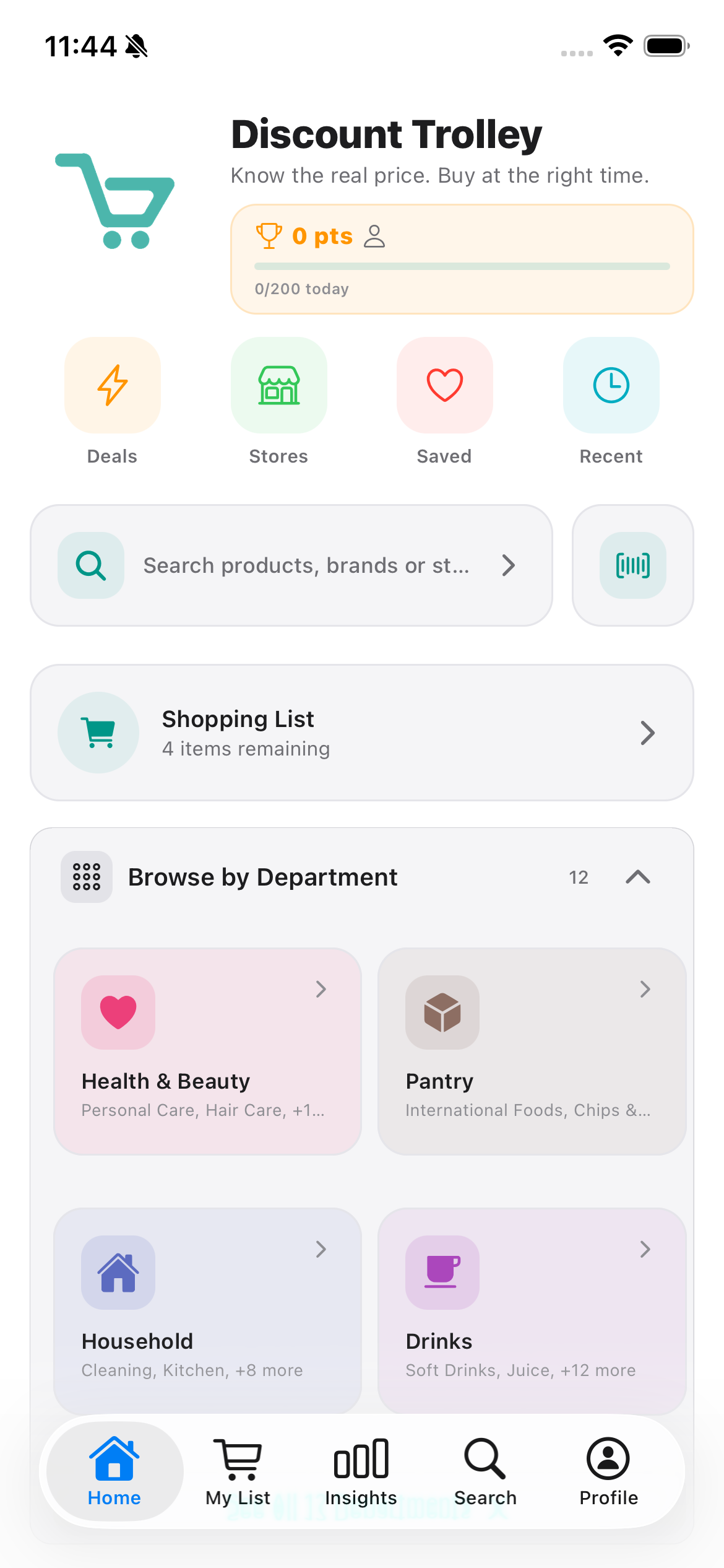 Discount Trolley home screen showing deals, stores, saved items, recent products, shopping list and department browsing