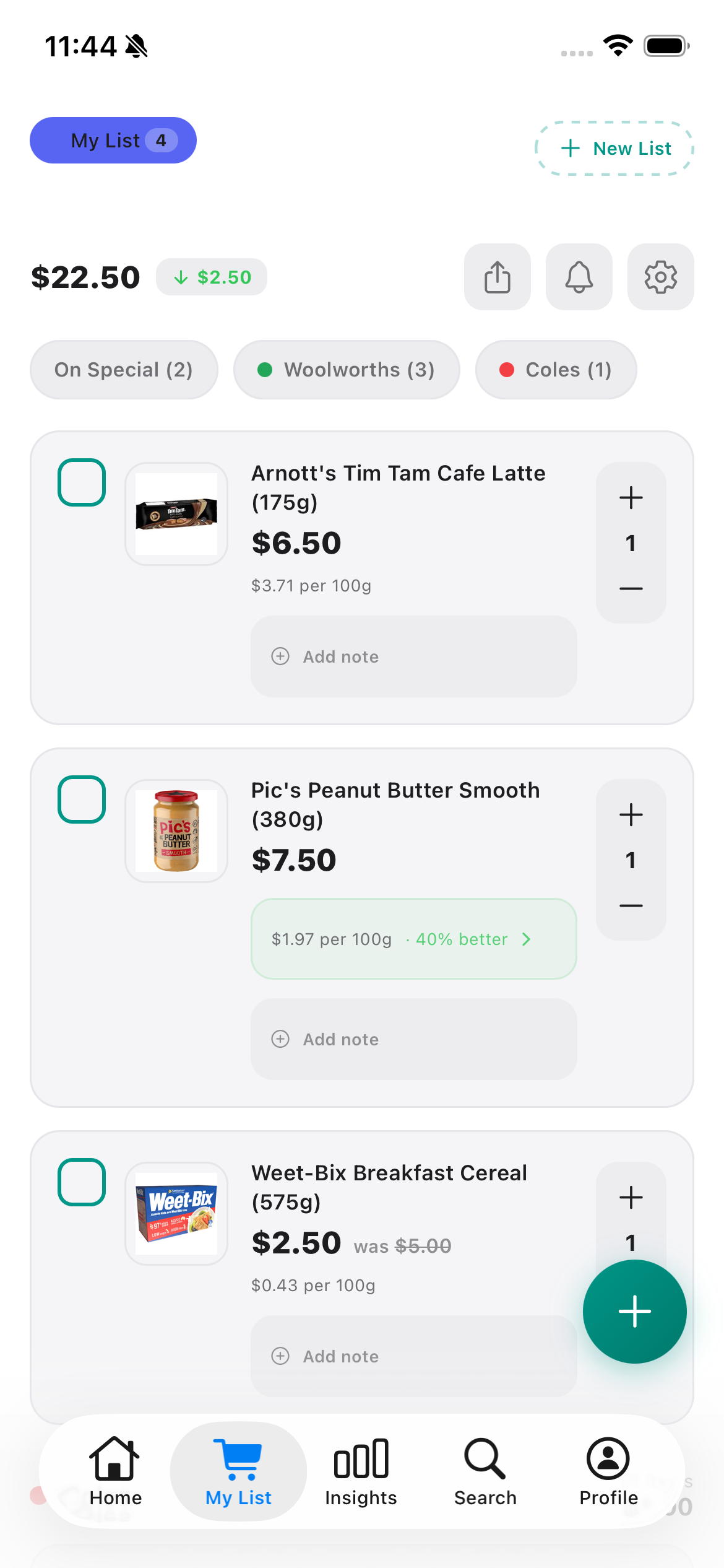 Discount Trolley shopping list screen with grocery items, quantities, notes, total price and savings