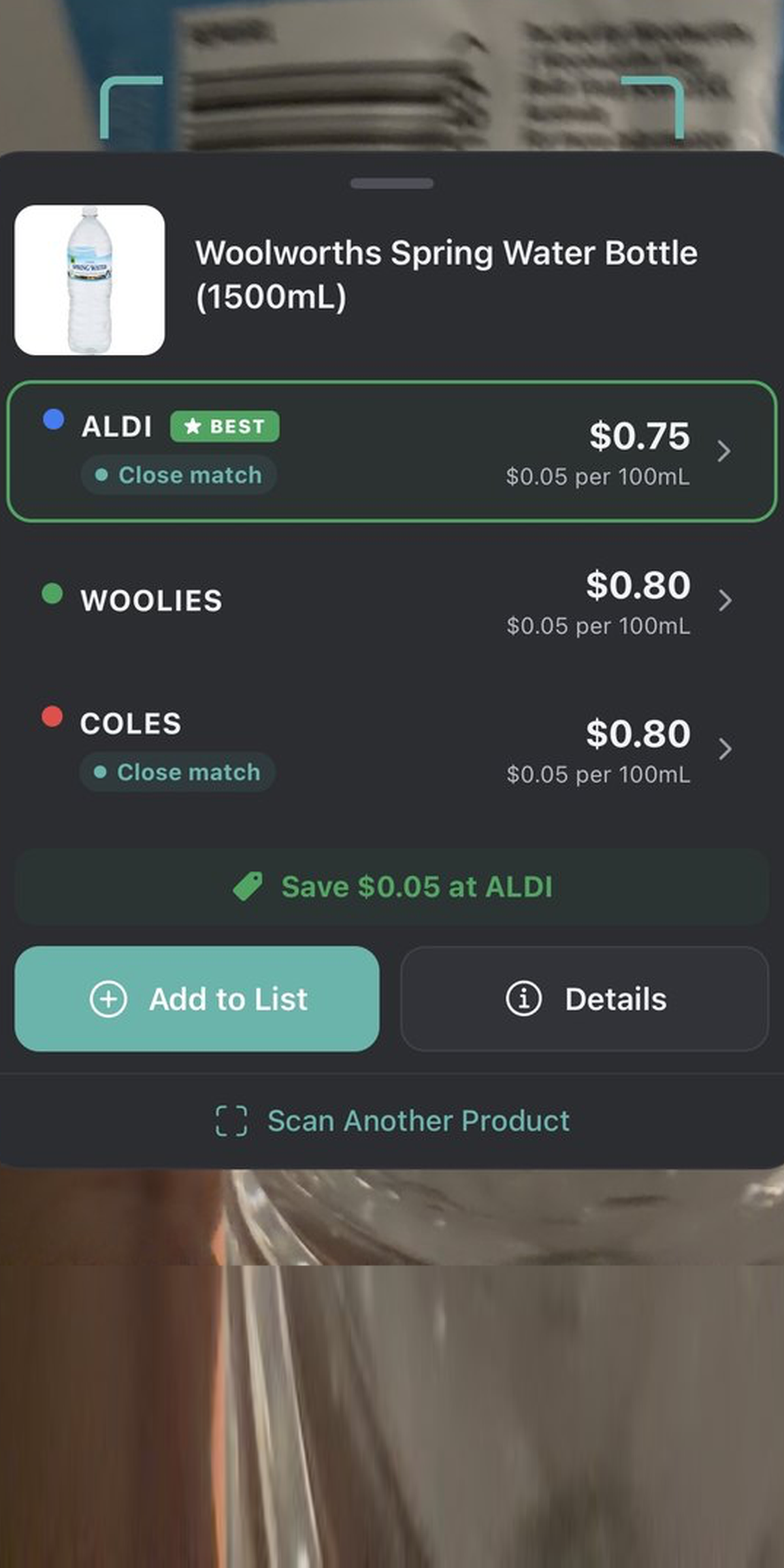 Discount Trolley barcode scan screen comparing supermarket prices before you buy