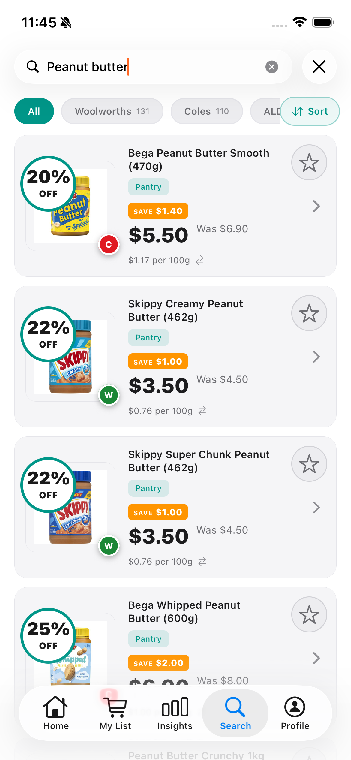 Discount Trolley search results screen comparing peanut butter prices across Coles, Woolworths and ALDI