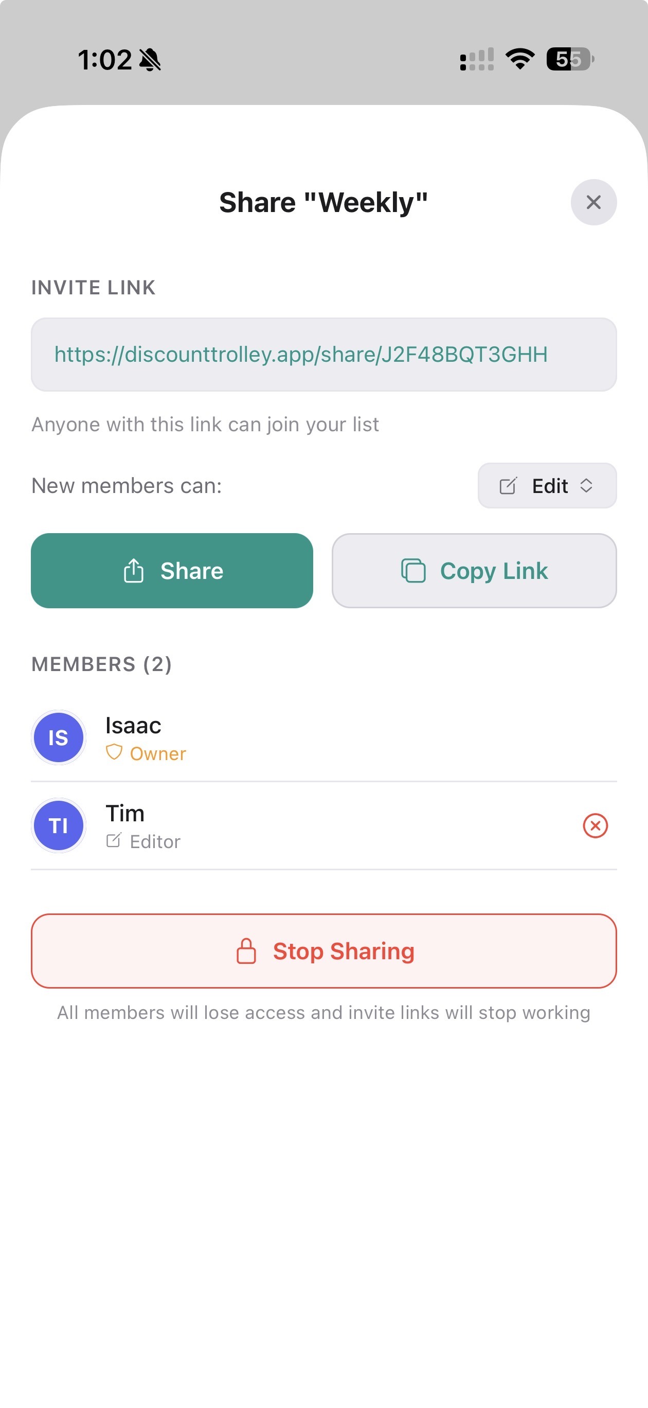 Discount Trolley shared shopping list screen with invite link and member permissions