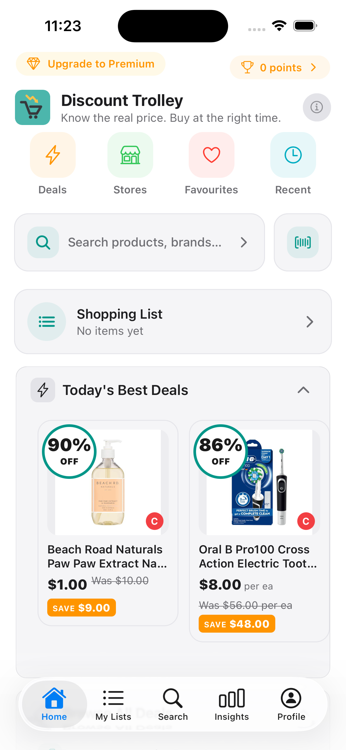 Today's Best Deals in Discount Trolley with two Coles specials, plus was-prices and savings badges.