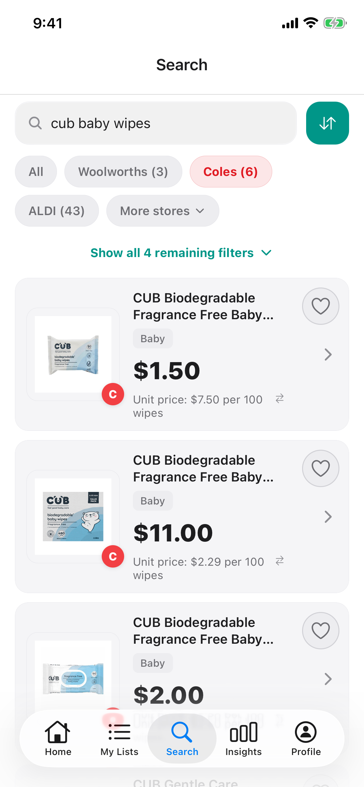 CUB Biodegradable Fragrance Free baby wipes at Coles in Discount Trolley on 26 Oct 2026: 20 pack $1.50, 480 pack $11.00 and 80 pack $2.00.