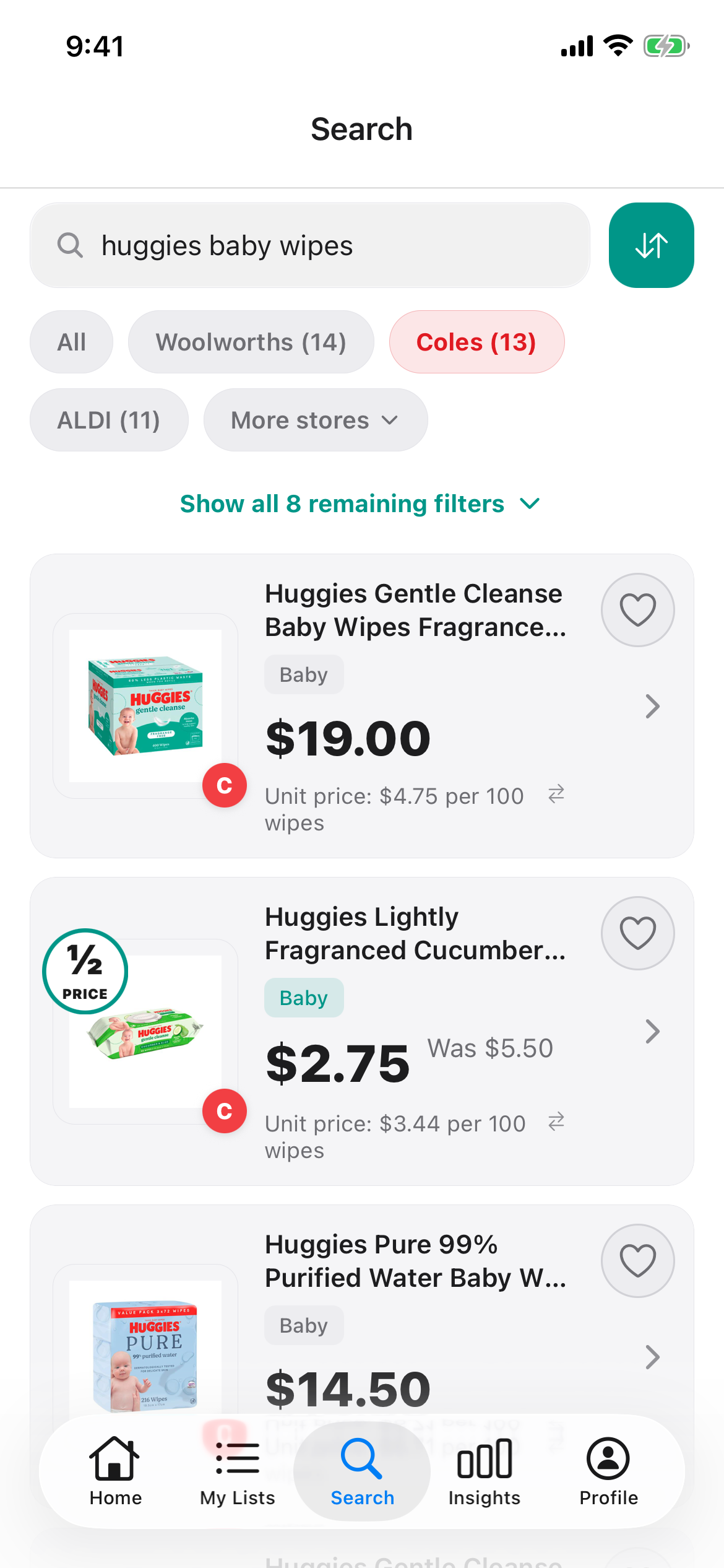 Discount Trolley search for Huggies baby wipes at Coles on 26 Oct 2026: Gentle Cleanse 400 pack $19.00, Cucumber and Aloe 80 pack half price at $2.75 and Pure 216 pack $14.50.