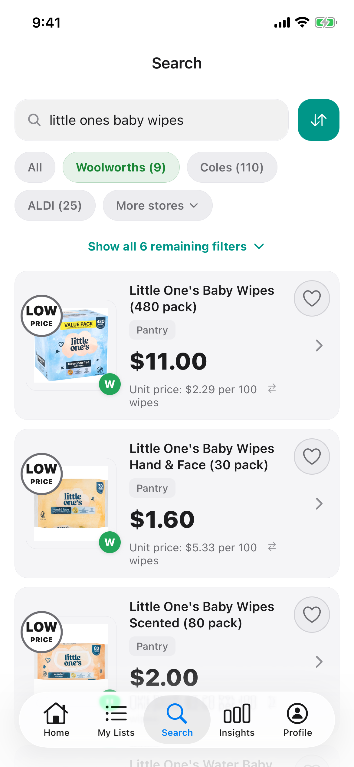 Little One's wipes at Woolworths in Discount Trolley on 26 Oct 2026: 480 pack $11.00, Hand and Face 30 pack $1.60 and Scented 80 pack $2.00, all with Low Price badges.