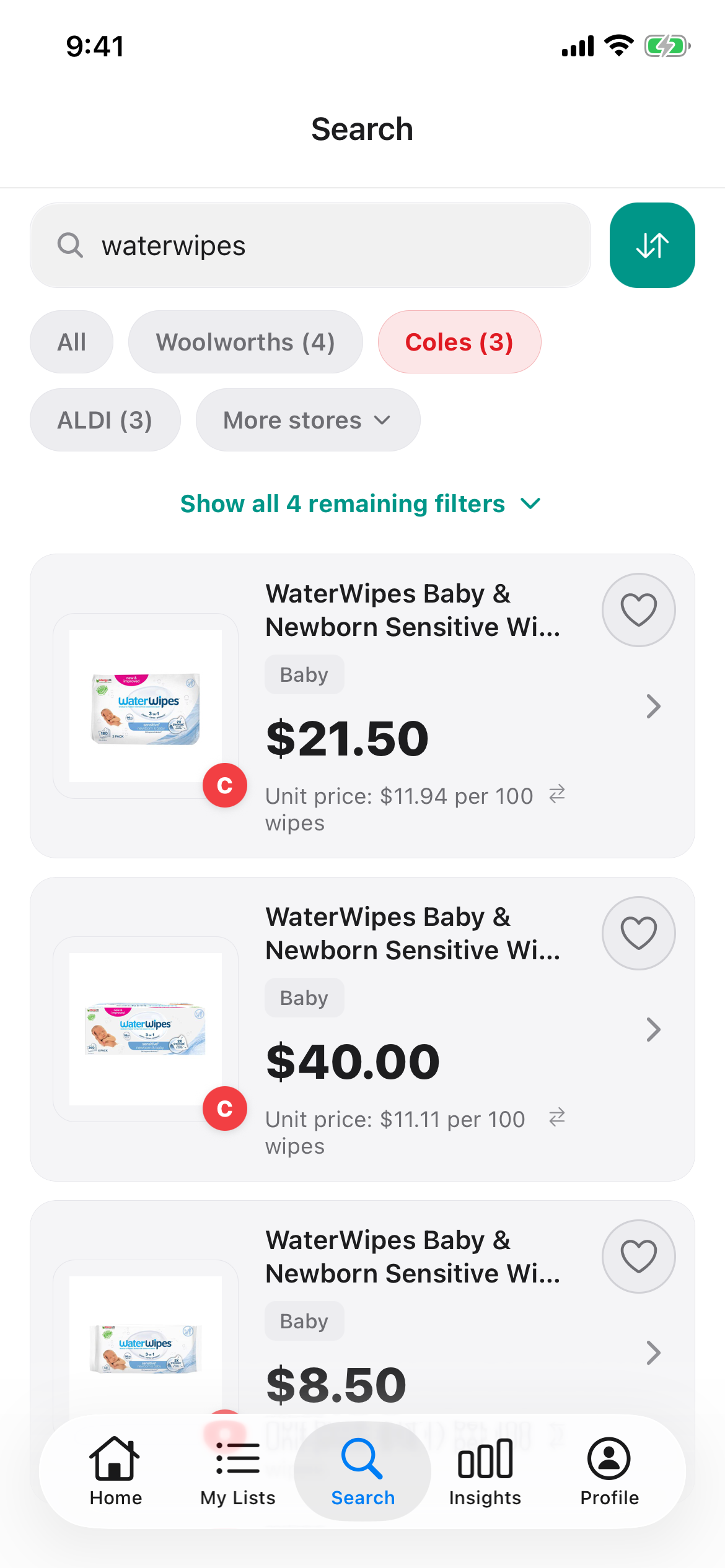 WaterWipes Baby and Newborn Sensitive wipes at Coles in Discount Trolley on 26 Oct 2026: 180 pack $21.50, 360 pack $40.00 and a third pack at $8.50.