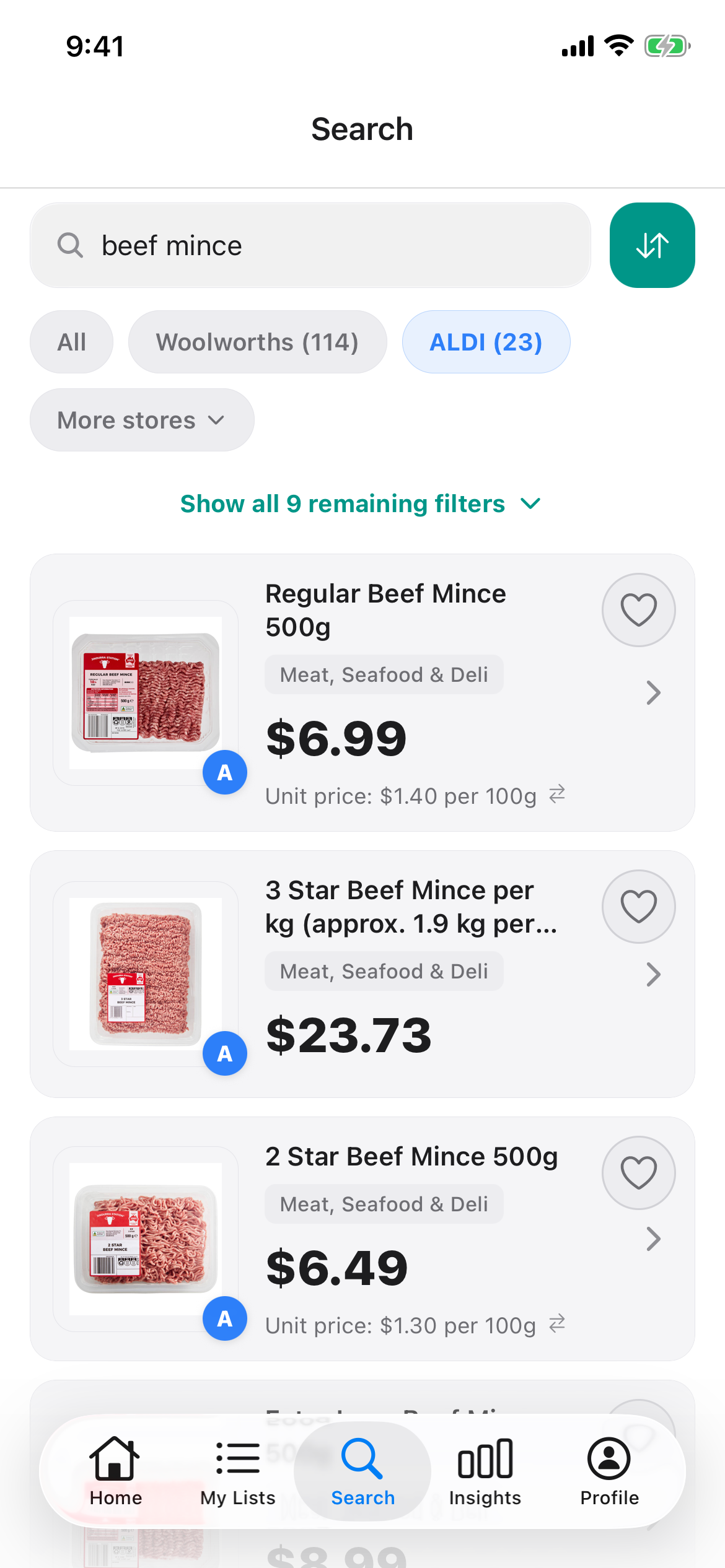 Discount Trolley search for beef mince at ALDI on 27 Oct 2026: Regular 500g $6.99, 3 Star tray of about 1.9kg $23.73 with no unit price, and 2 Star 500g $6.49.