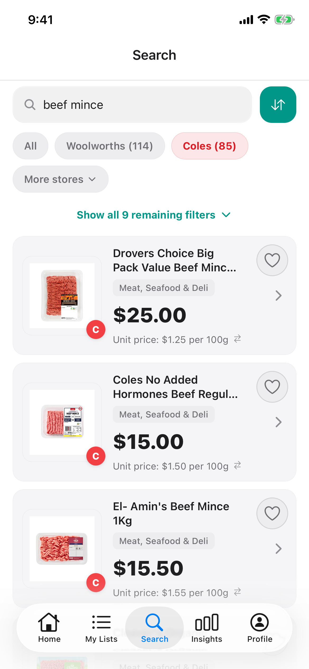 Discount Trolley search for beef mince at Coles on 27 Oct 2026: Drovers Choice 2kg $25.00, Coles regular 1kg $15.00 and El-Amin's 1kg $15.50.