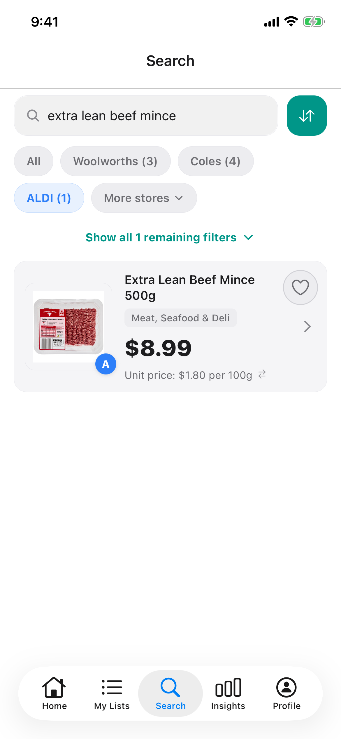 Discount Trolley search for extra lean beef mince at ALDI on 27 Oct 2026: one result, the Extra Lean Beef Mince 500g at $8.99, or $1.80 per 100g.