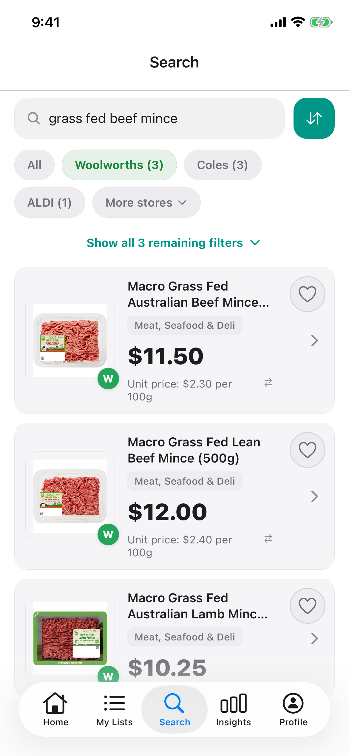 Discount Trolley search for grass fed beef mince at Woolworths on 27 Oct 2026: Macro Grass Fed 500g $11.50, Macro Grass Fed Lean 500g $12.00 and Macro lamb mince greyed out.