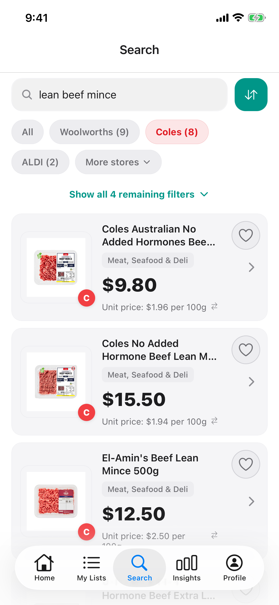 Discount Trolley search for lean beef mince at Coles on 27 Oct 2026: Coles lean 500g $9.80, Coles lean 800g $15.50 and El-Amin's lean 500g $12.50.