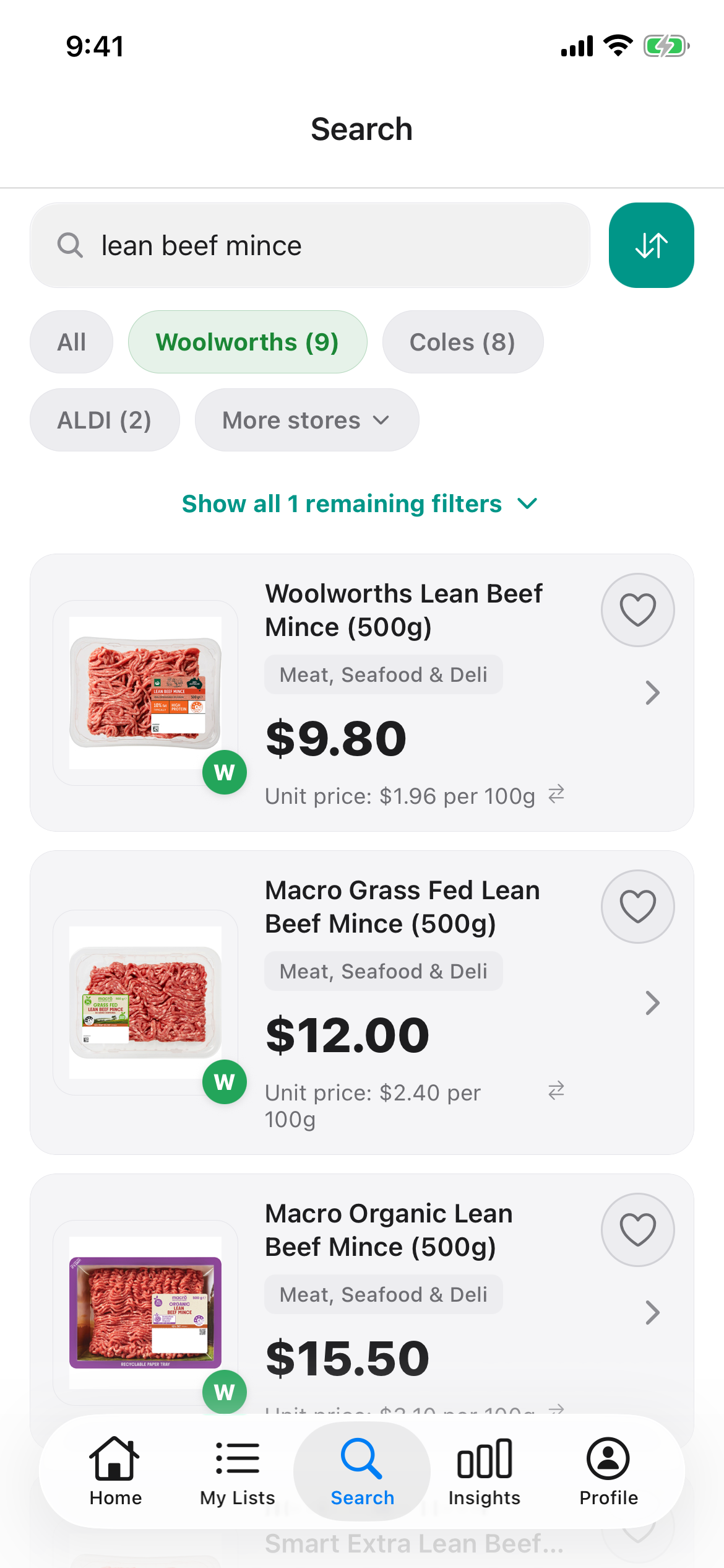 Discount Trolley search for lean beef mince at Woolworths on 27 Oct 2026: Woolworths Lean 500g $9.80, Macro Grass Fed Lean 500g $12.00 and Macro Organic Lean 500g $15.50.