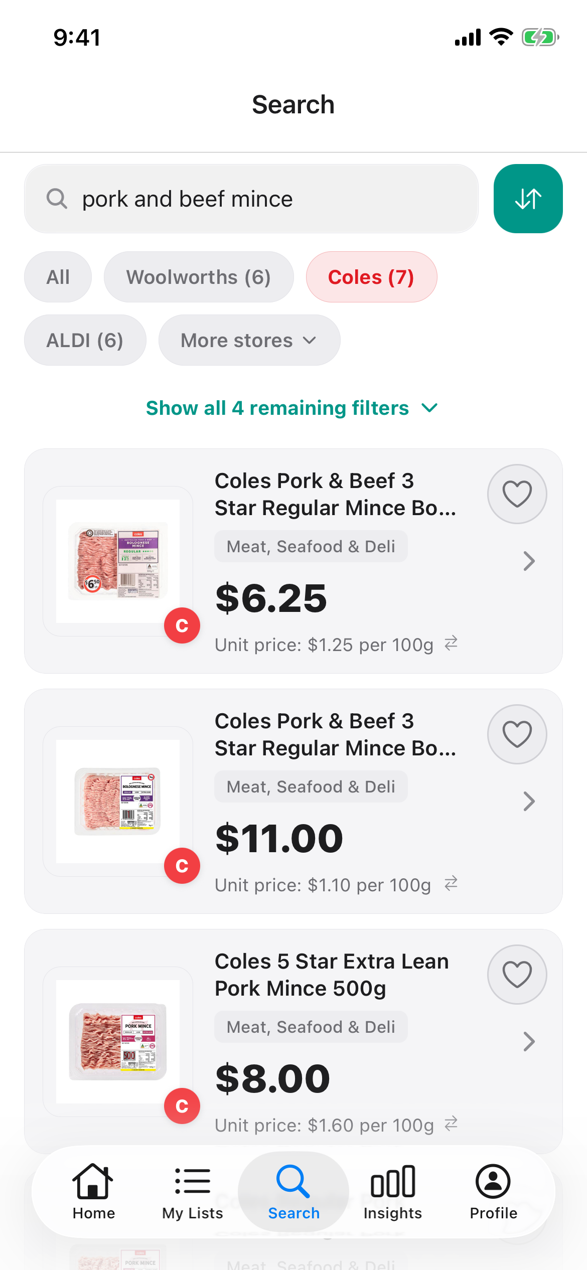 Discount Trolley search for pork and beef mince at Coles on 27 Oct 2026: 500g $6.25, 1kg $11.00 and 5 Star Extra Lean Pork Mince 500g $8.00.