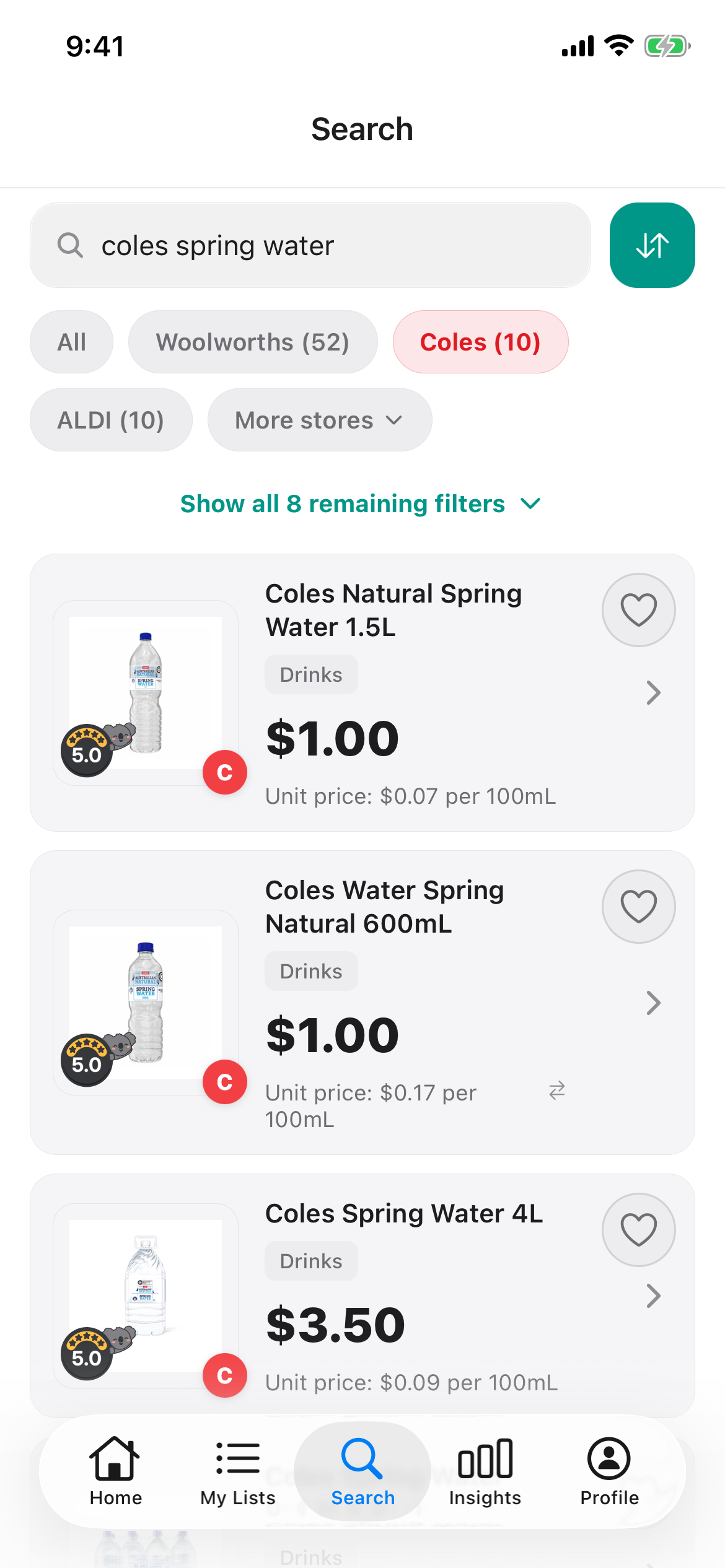 Coles spring water on 17 October 2026 in 1.5L, 600mL and 4L sizes, each with its price per 100mL.