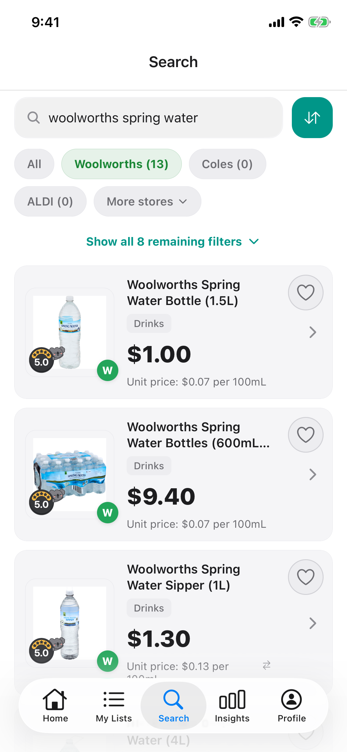 Woolworths spring water on 17 October 2026: a 1.5L bottle, a 24 pack of 600mL bottles and a 1L sipper, each with its price per 100mL.