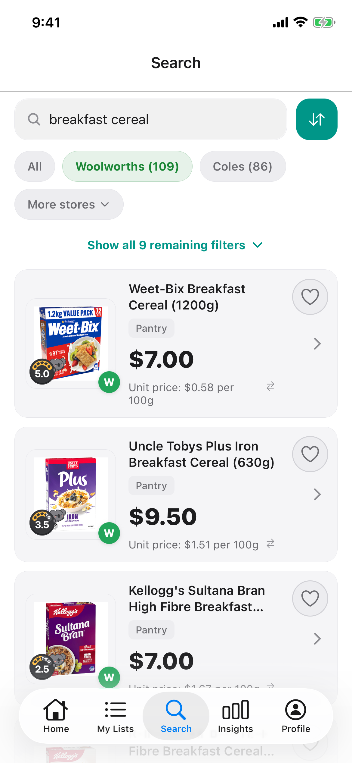 Breakfast cereal at Woolworths on 16 October 2026, with Weet-Bix, Uncle Tobys Plus and Sultana Bran and the price per 100g under each.