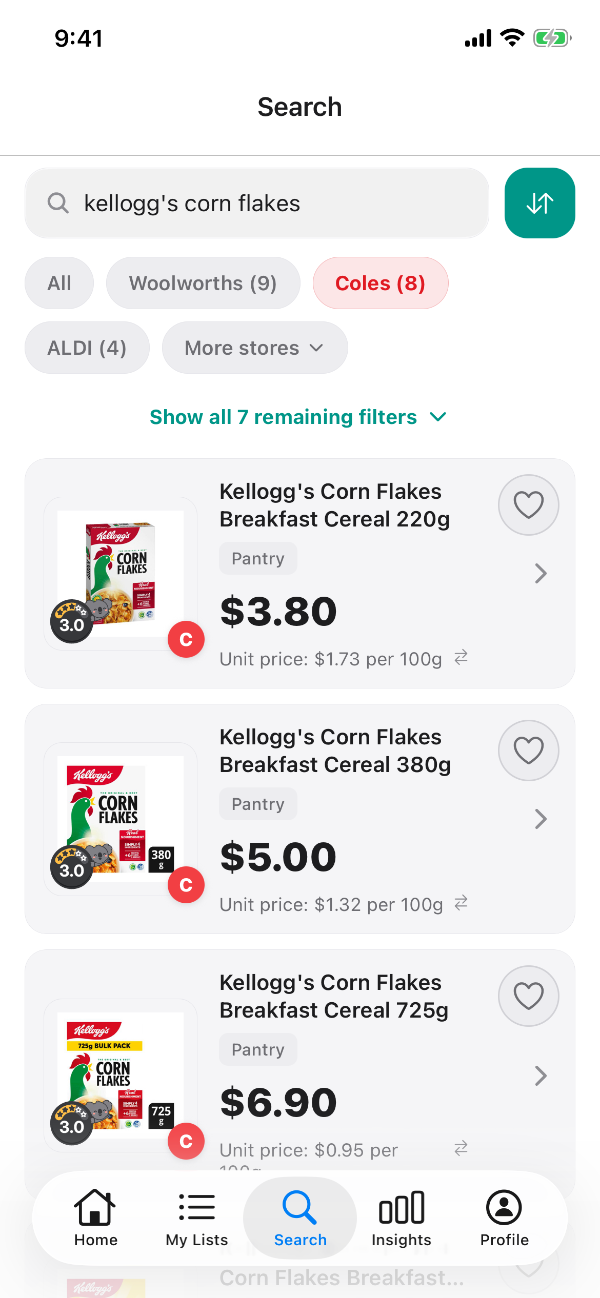 Kellogg's Corn Flakes at Coles on 16 October 2026 in 220g, 380g and 725g boxes, each with its price per 100g.