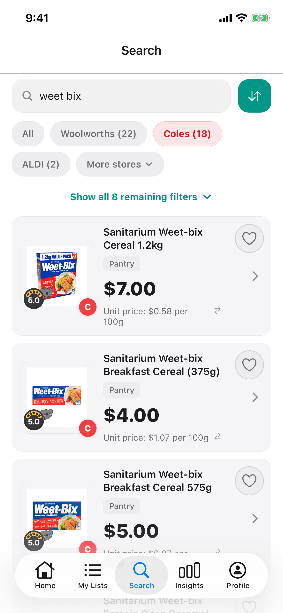 Weet-Bix at Coles on 16 October 2026 in 1.2kg, 375g and 575g boxes, each with its price per 100g.