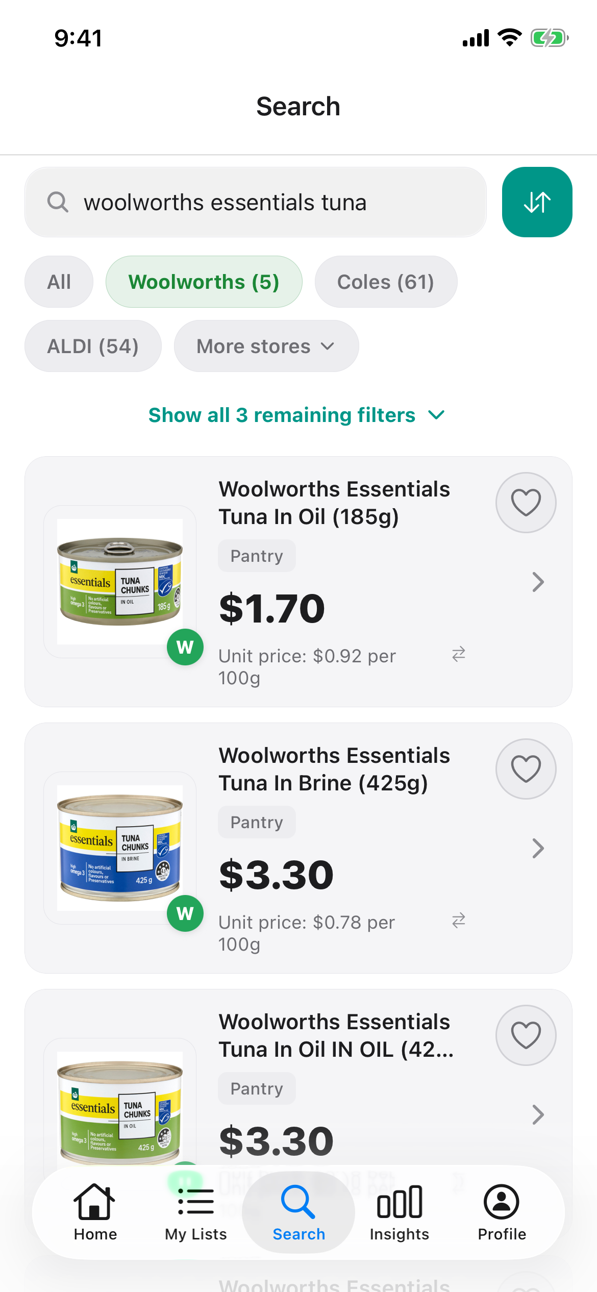 Woolworths search for Woolworths Essentials tuna on 21 October 2026 showing tuna in oil 185g and tuna in brine 425g, each with its shelf price and unit price per 100g.