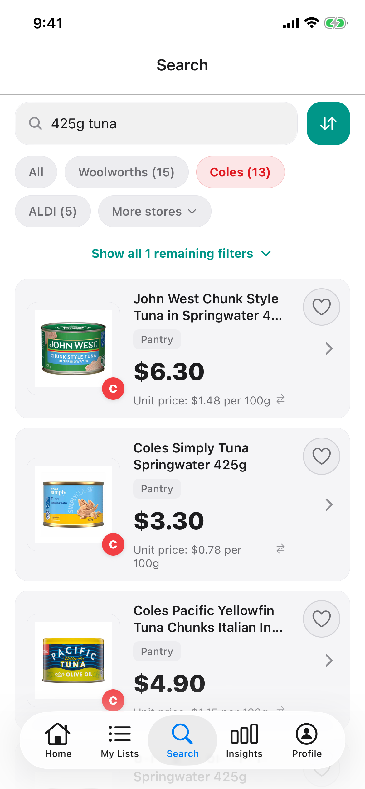 Coles search for 425g tuna on 21 October 2026 showing John West, Coles Simply and Coles Pacific Yellowfin tuna cans, each with its shelf price and unit price per 100g.