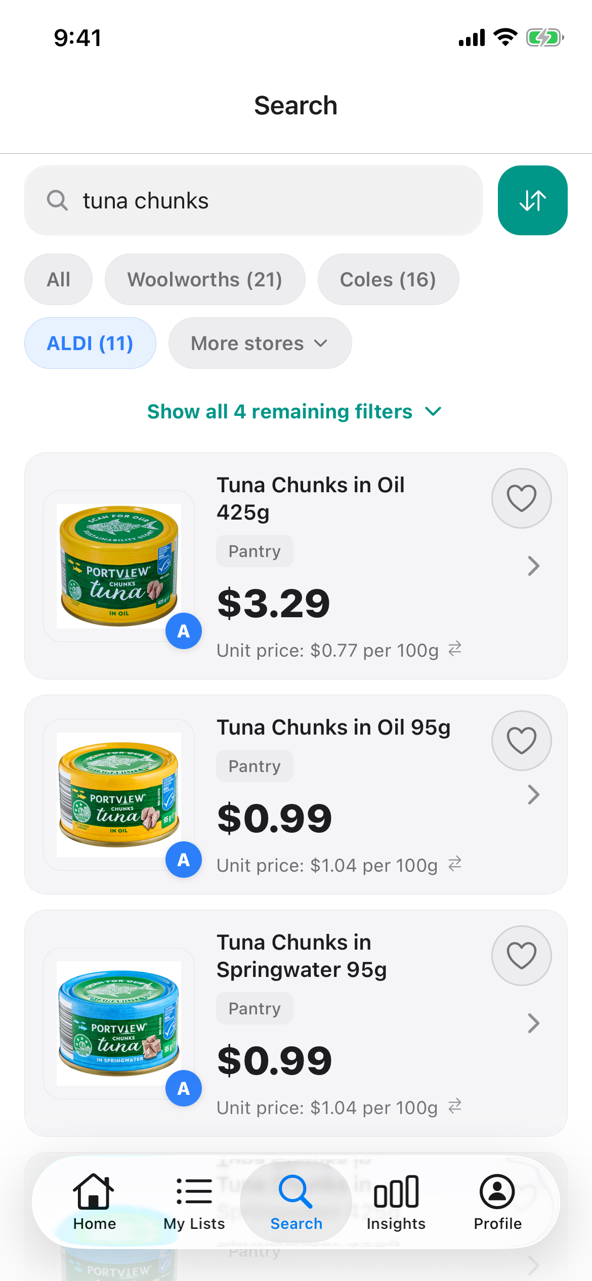 ALDI search for tuna chunks on 21 October 2026 showing a 425g can and two 95g cans, each with its shelf price and unit price per 100g.