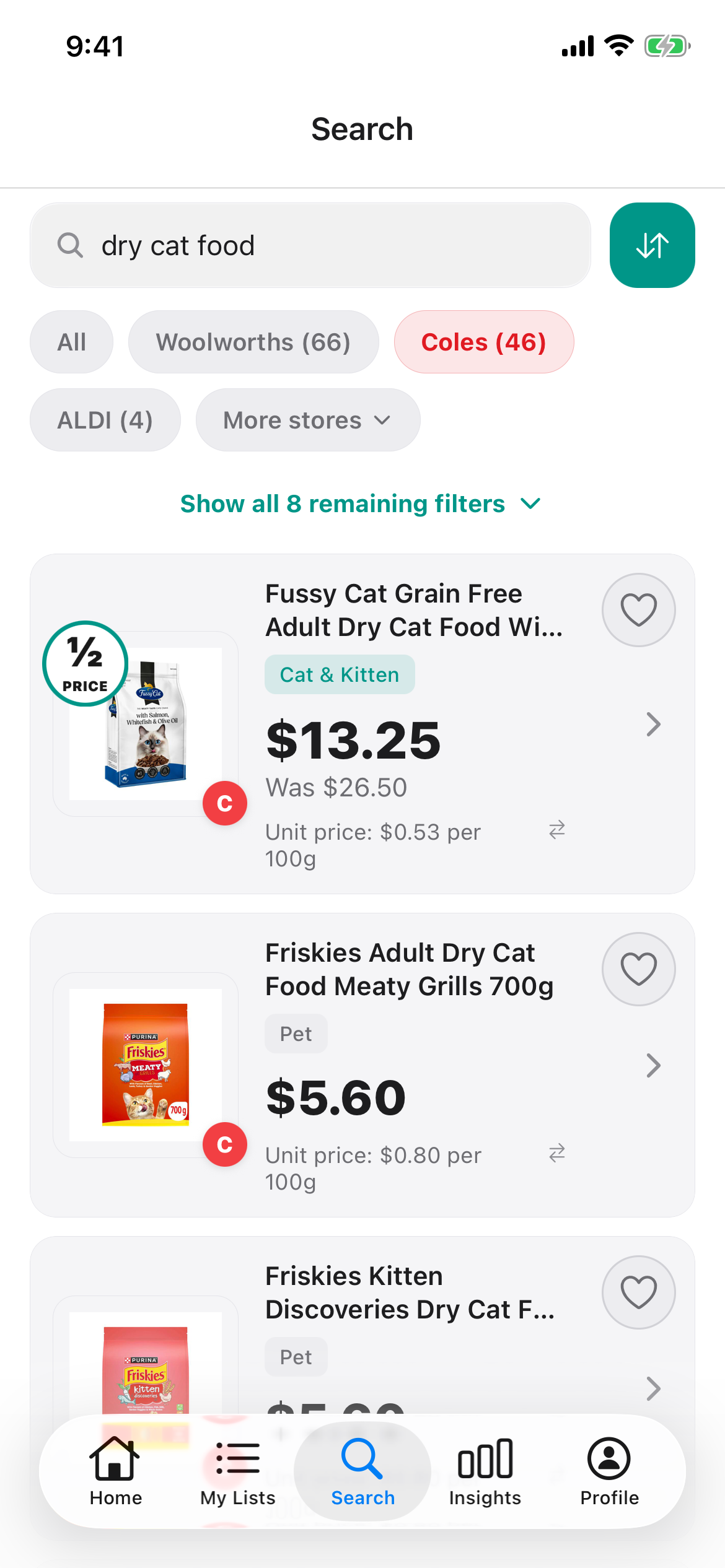 Dry cat food at Coles in Discount Trolley on 25 Oct 2026: Fussy Cat 2.5kg $13.25, was $26.50, with a half price badge, and Friskies 700g bags at $5.60.