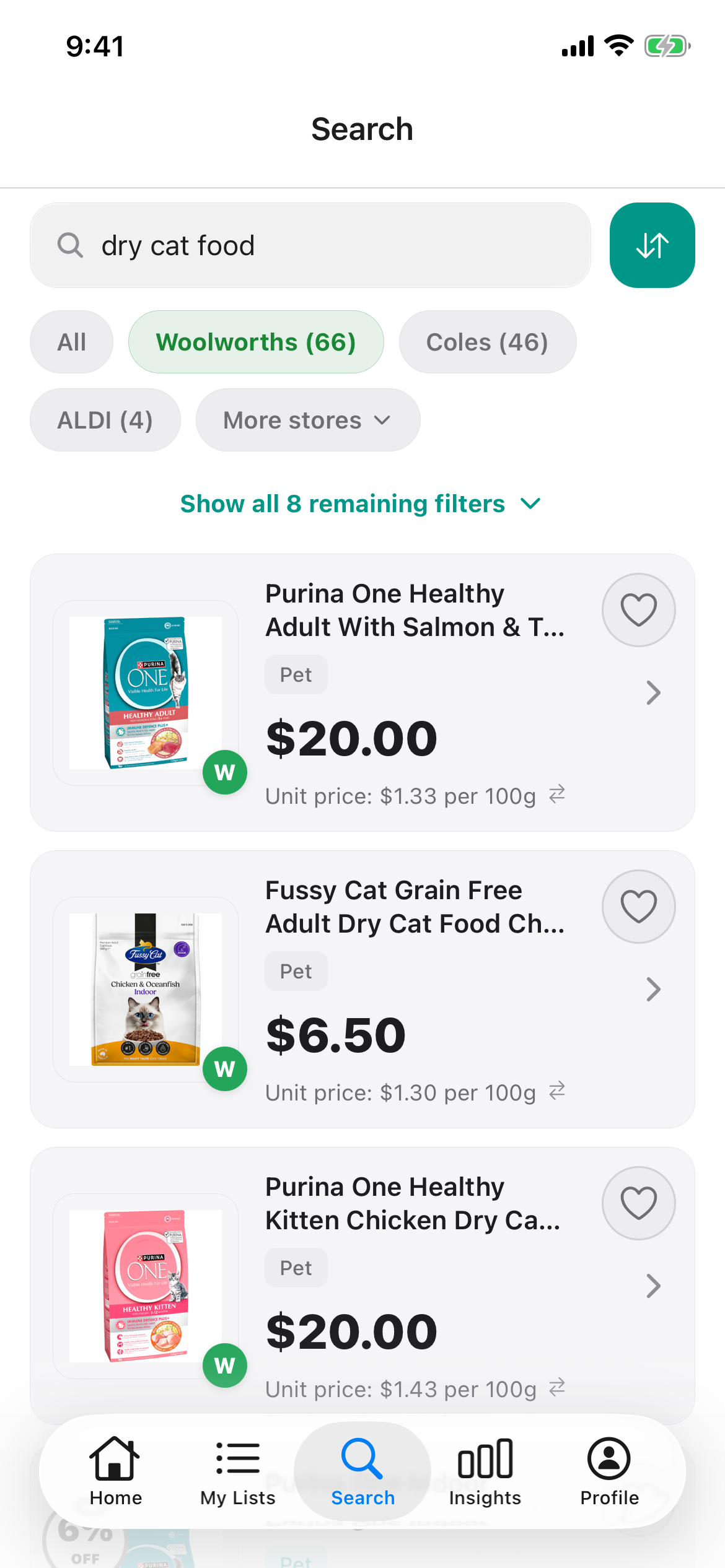 Dry cat food at Woolworths in Discount Trolley on 25 Oct 2026: Purina One Healthy Adult 1.5kg $20.00, Fussy Cat Indoor 500g $6.50 and Purina One Kitten 1.4kg $20.00.