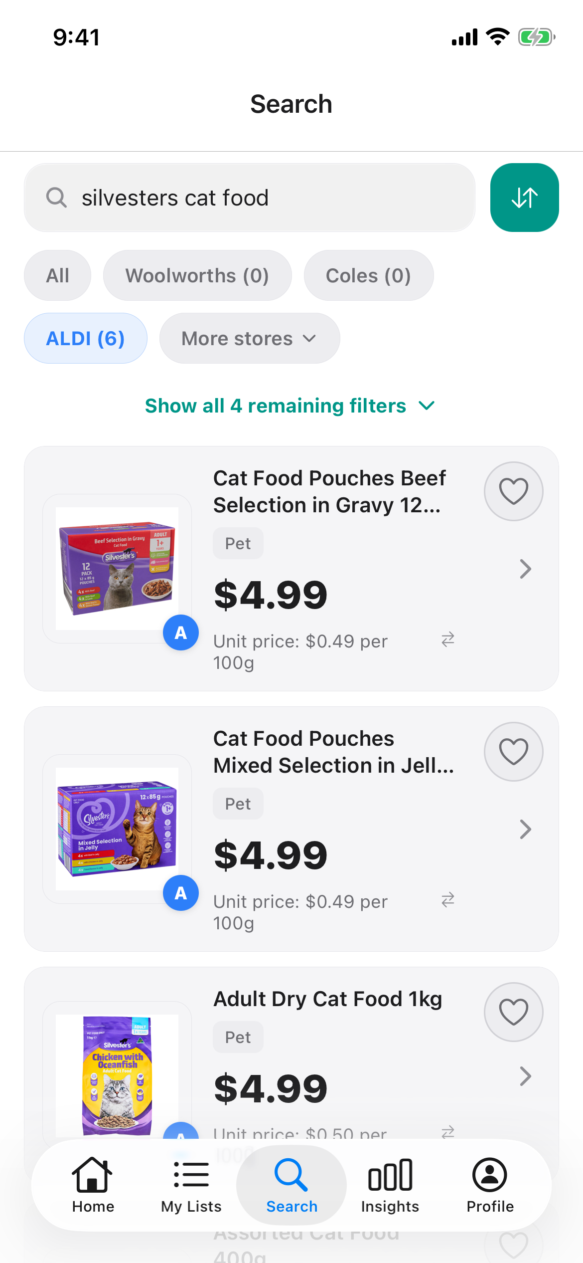 Silvesters cat food at ALDI in Discount Trolley on 25 Oct 2026: Beef Selection in Gravy 12 pack $4.99, Mixed Selection in Jelly 12 pack $4.99 and Adult Dry 1kg $4.99.