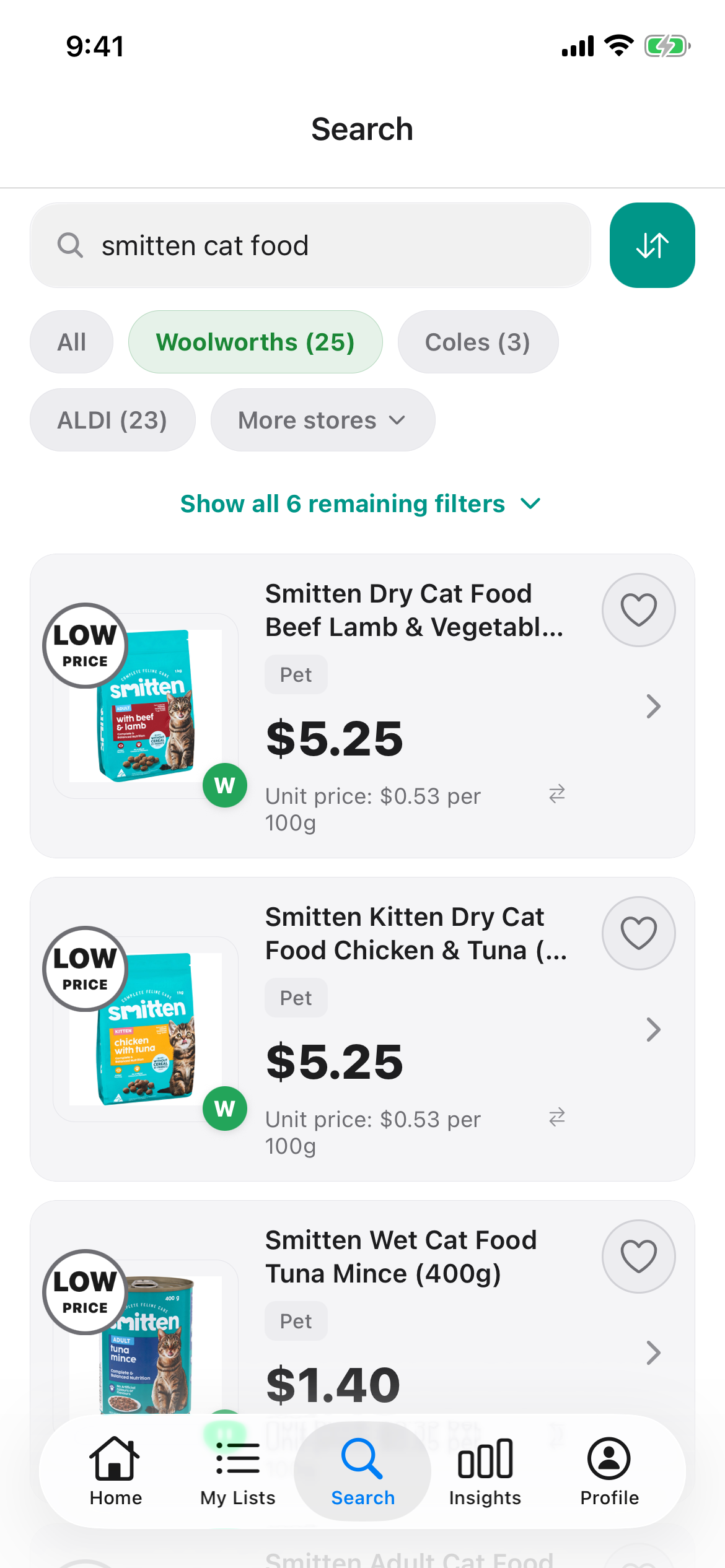 Smitten cat food at Woolworths in Discount Trolley on 25 Oct 2026: Adult Dry 1kg $5.25, Kitten Dry 1kg $5.25 and Tuna Mince 400g can $1.40.