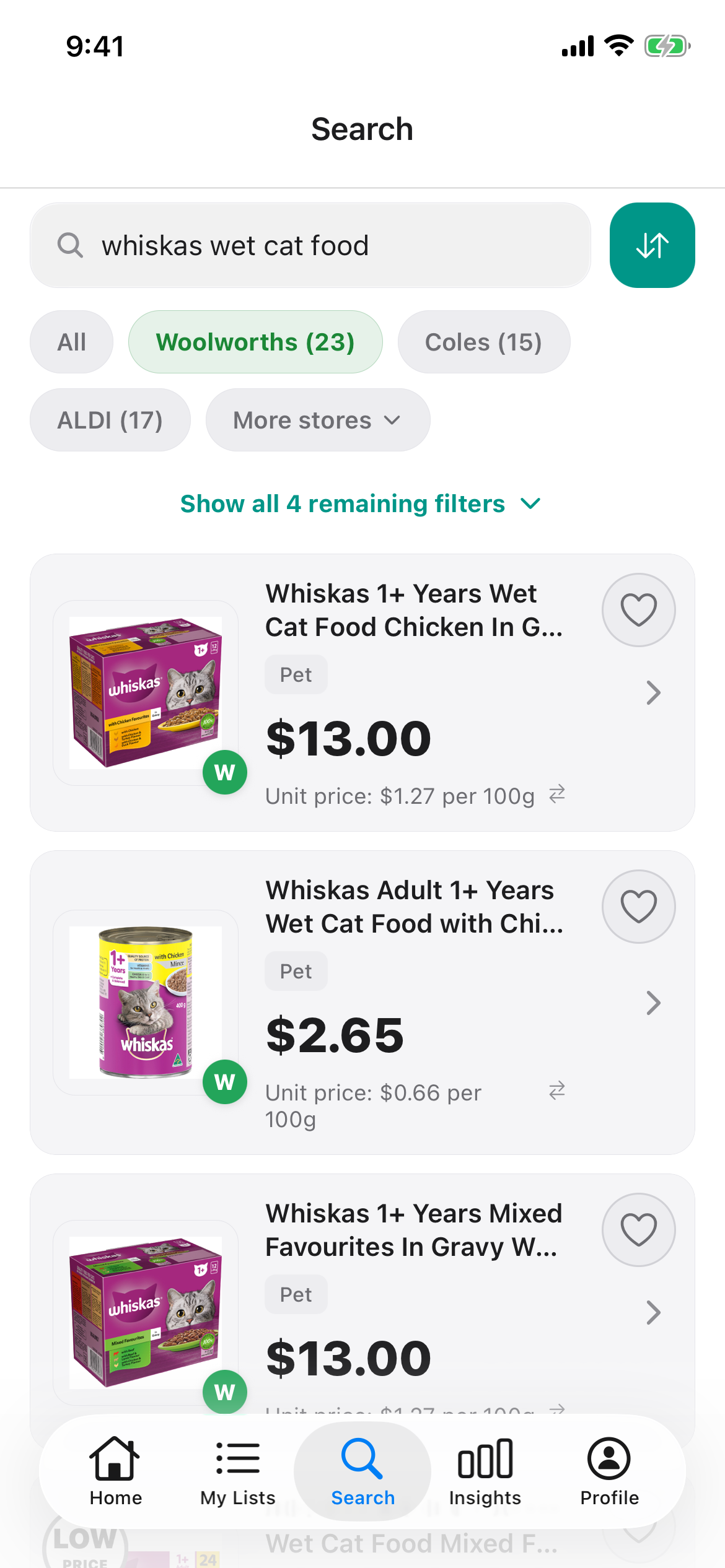 Whiskas wet cat food at Woolworths in Discount Trolley on 25 Oct 2026: Chicken in Gravy 12 pack $13.00, Chicken Mince 400g can $2.65 and Mixed Favourites 12 pack $13.00.
