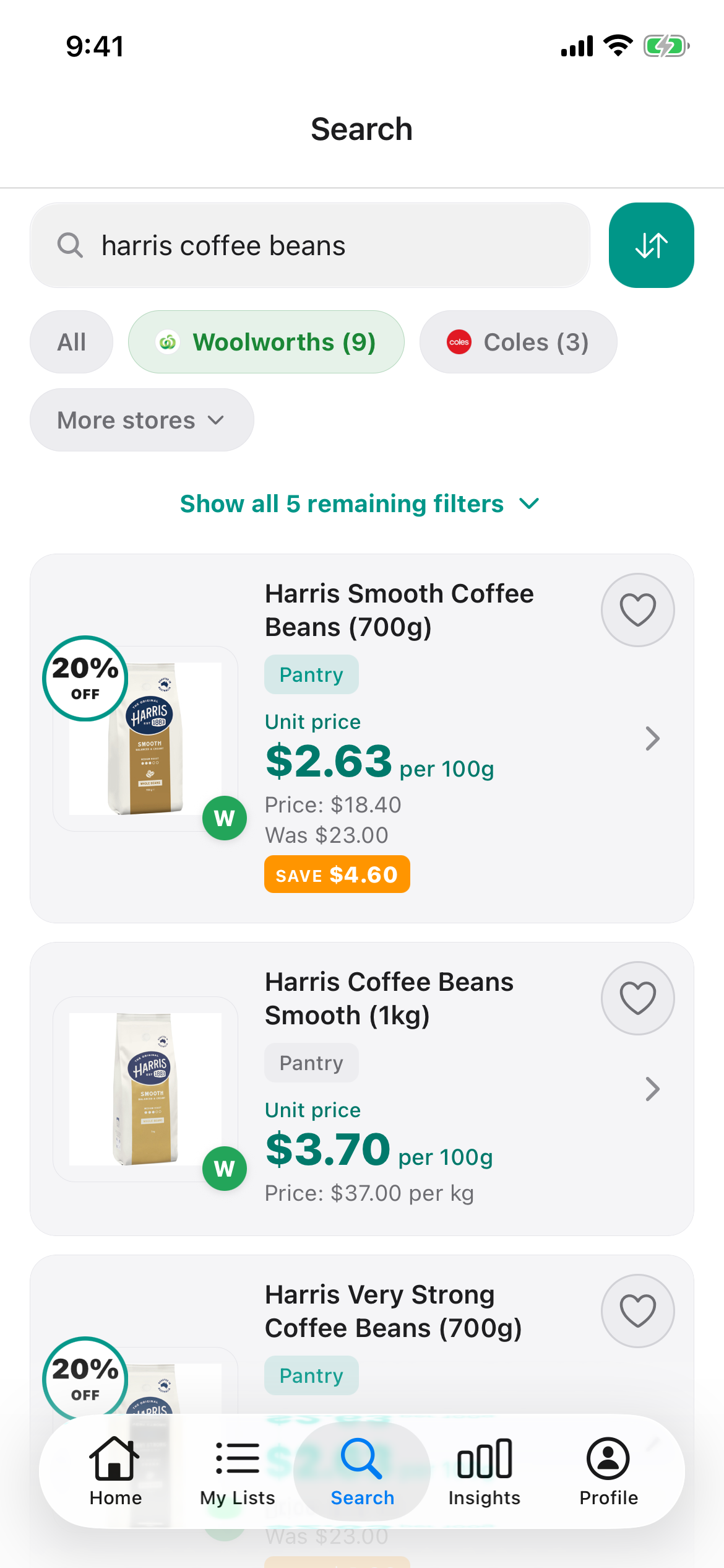 Woolworths prices on 8 October 2026 in a Discount Trolley search: Harris Smooth Coffee Beans 700g on special at $2.63 per 100g, and the 1kg bag at $3.70 per 100g.