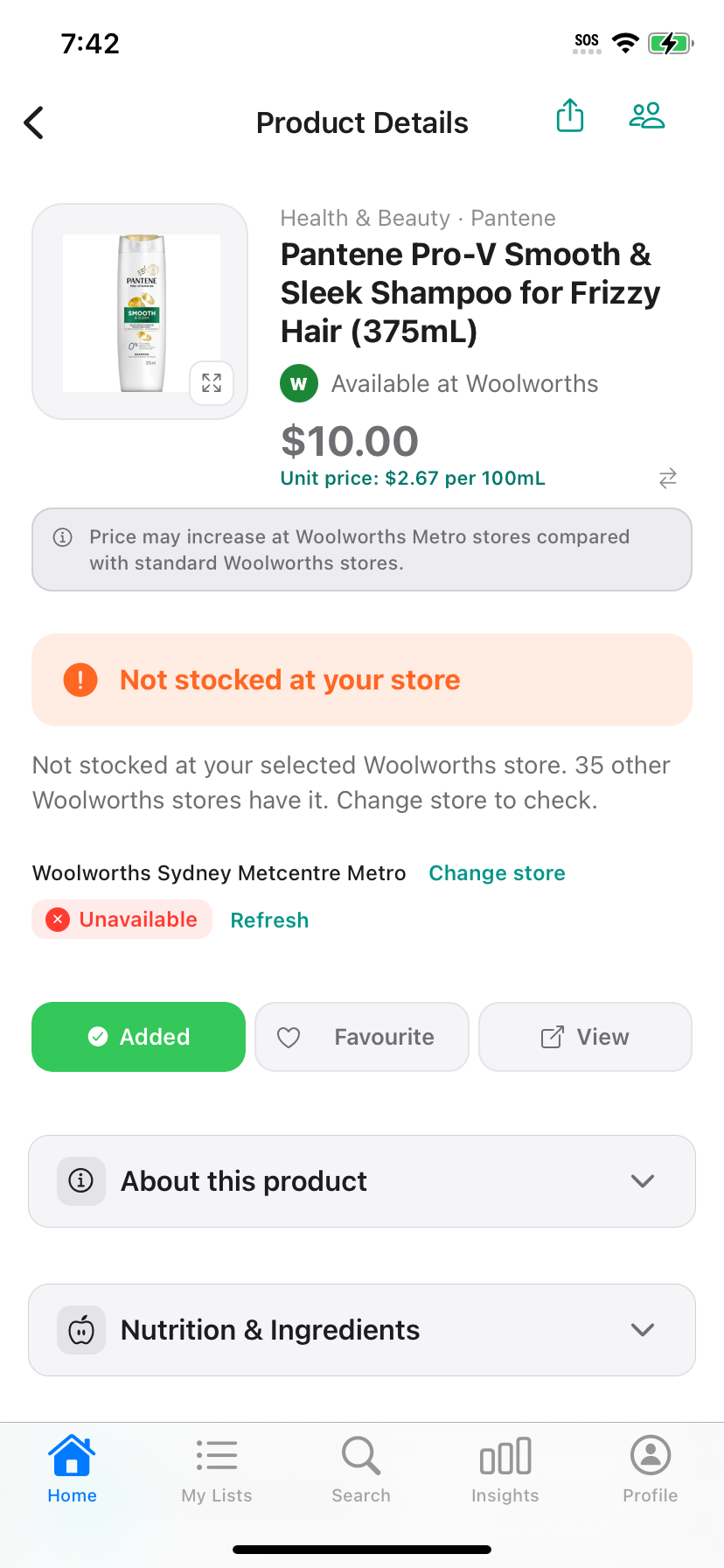 Pantene on Discount Trolley at Woolworths Metro with unit price $2.67 per 100mL and a stock miss on that screen.