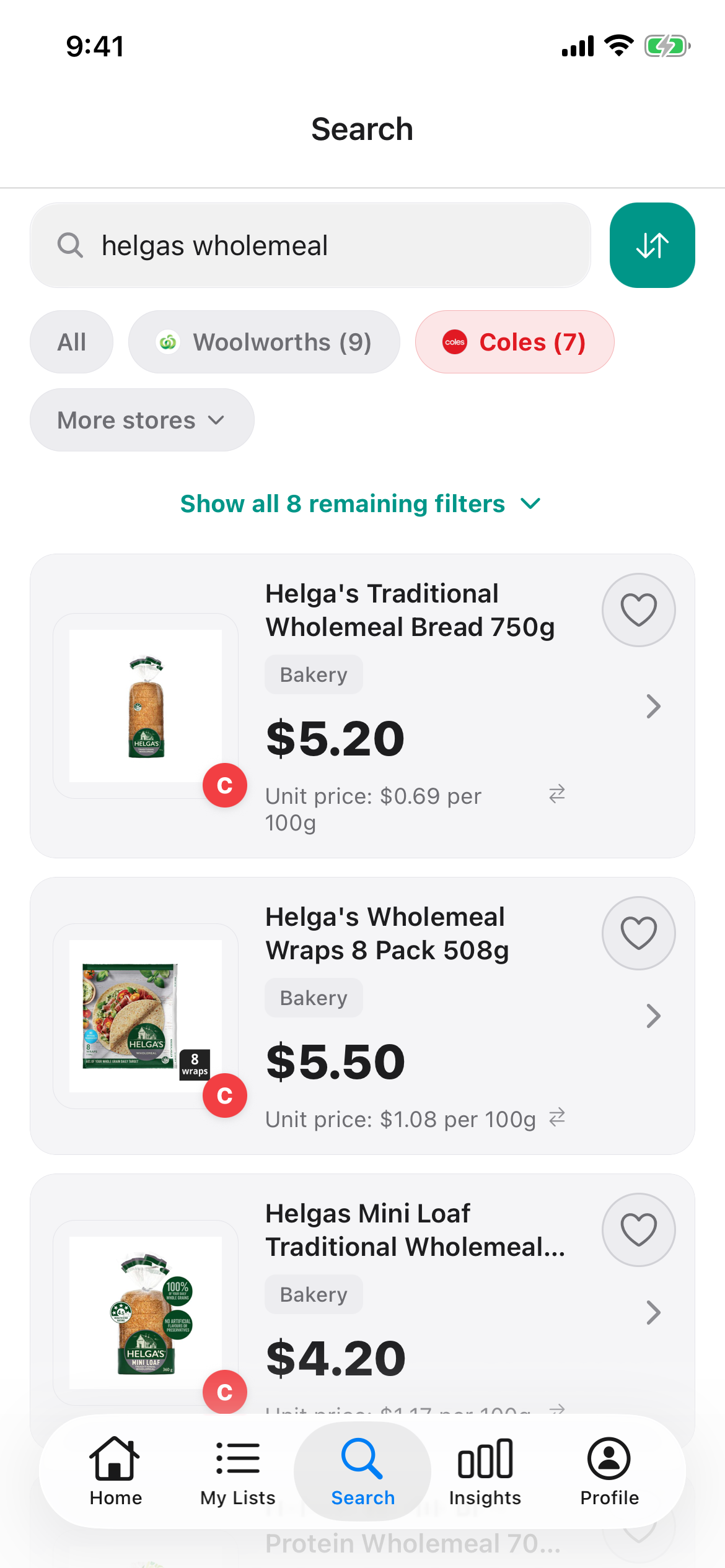 Discount Trolley Coles search for Helga's wholemeal on 10 October 2026, showing a loaf, wraps and a mini loaf with unit price per 100g on each pack.