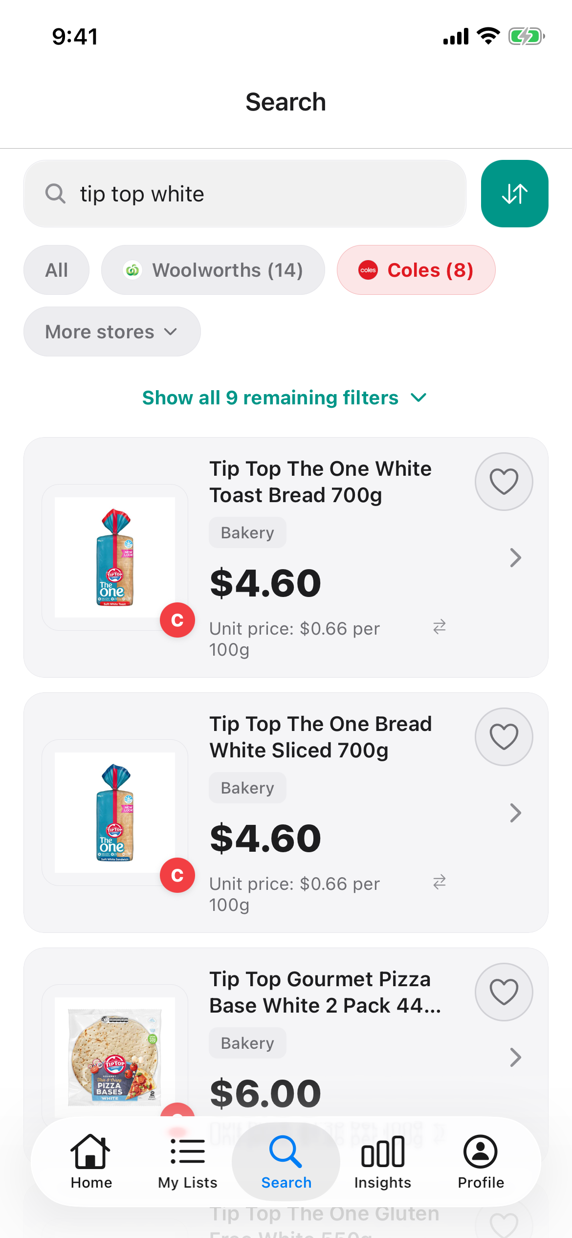 Discount Trolley Coles search for Tip Top white bread on 10 October 2026, with shelf price and unit price per 100g on each loaf.