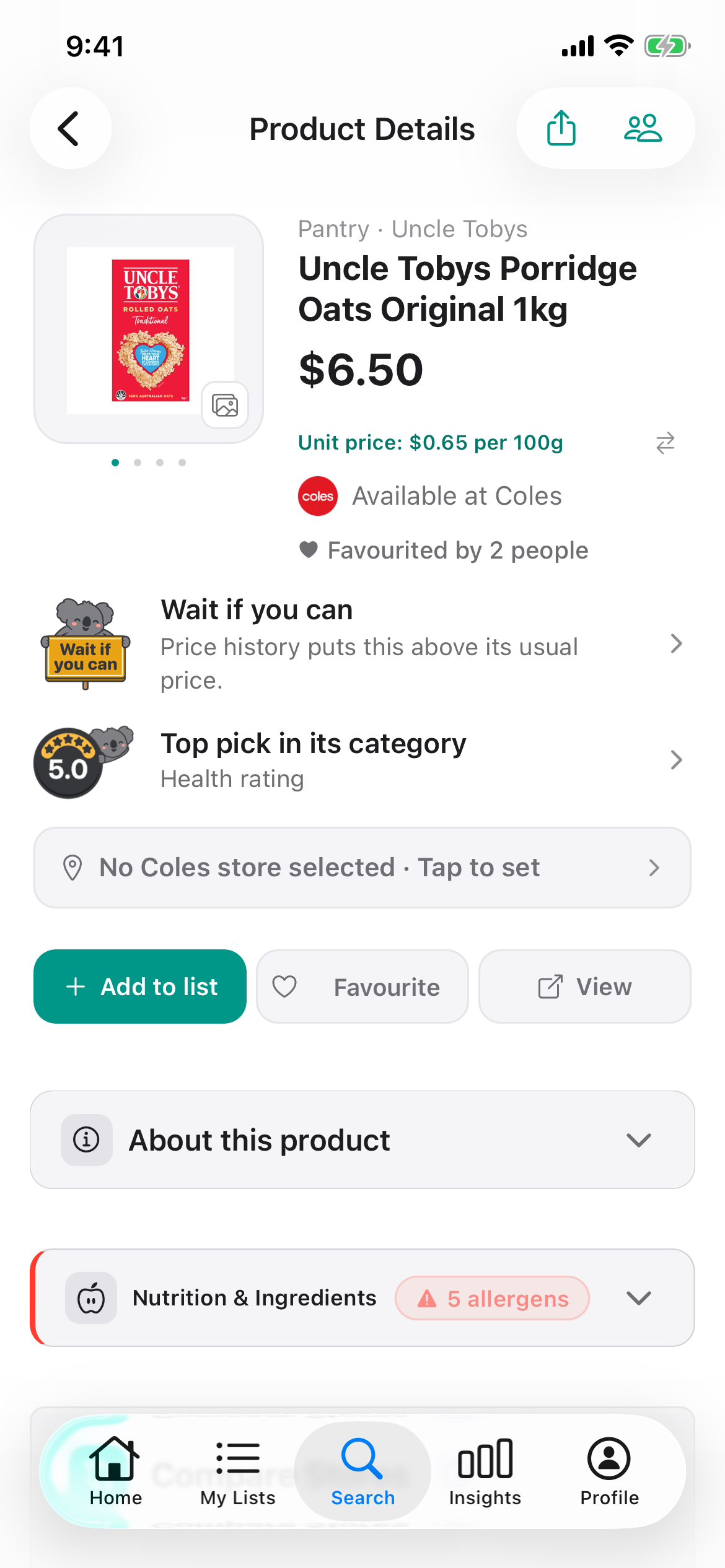 Uncle Tobys Porridge Oats Original 1kg on the Discount Trolley product page at Coles on 20 October 2026, with the price, Dete's Wait if you can tip and a 5.0 health rating.