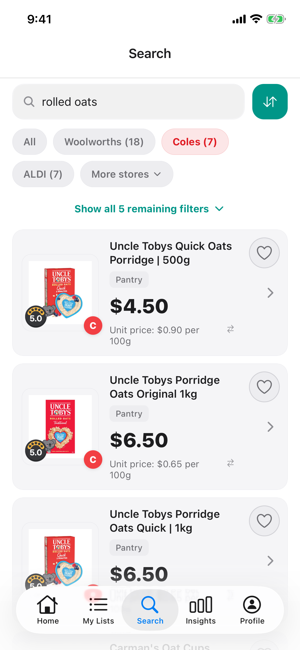 Discount Trolley search results for rolled oats at Coles on 20 October 2026, with Dete's 5.0 health rating badge on three Uncle Tobys oats.