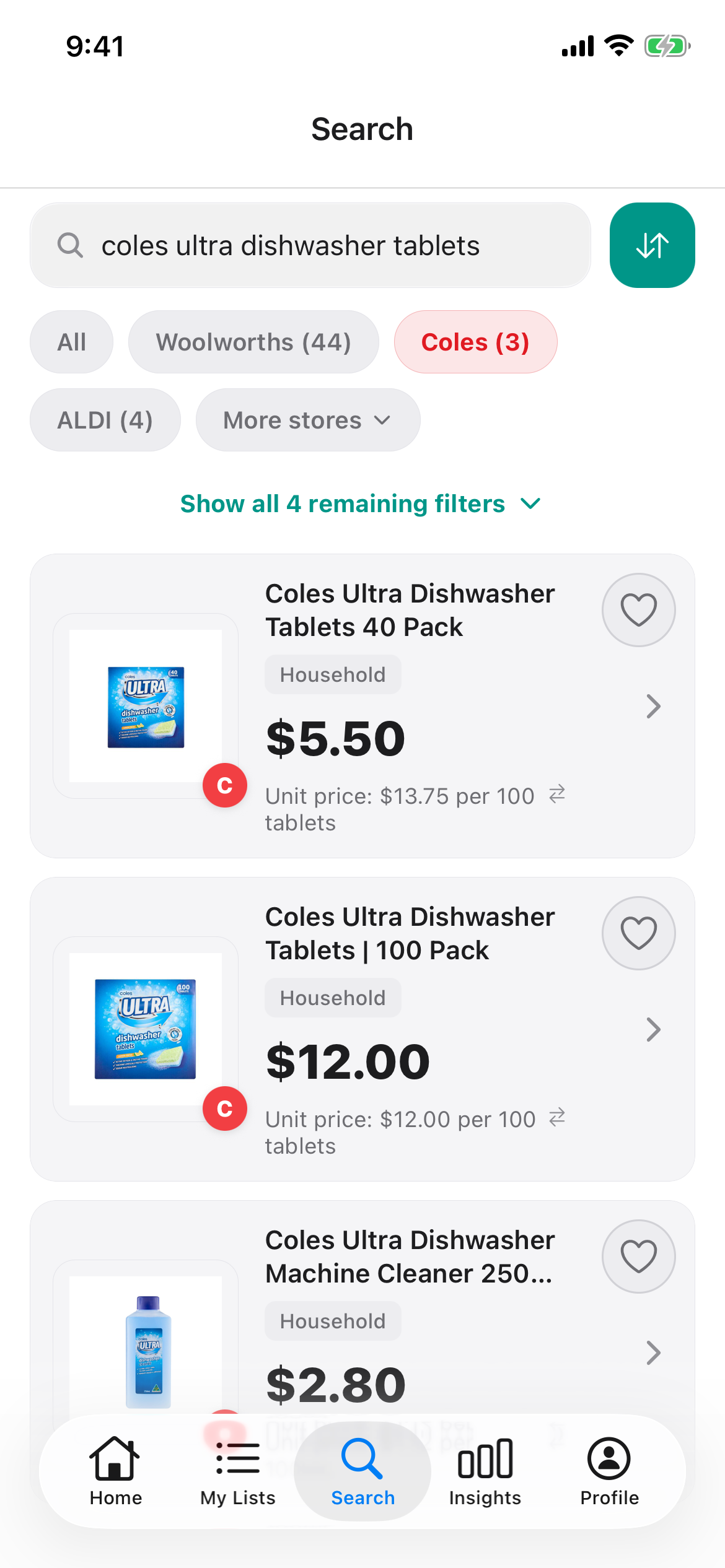 Coles Ultra dishwasher tablets at Coles in Discount Trolley on 23 Oct 2026: the 40 pack at $5.50 and the 100 pack at $12.00, each with its price per 100 tablets.