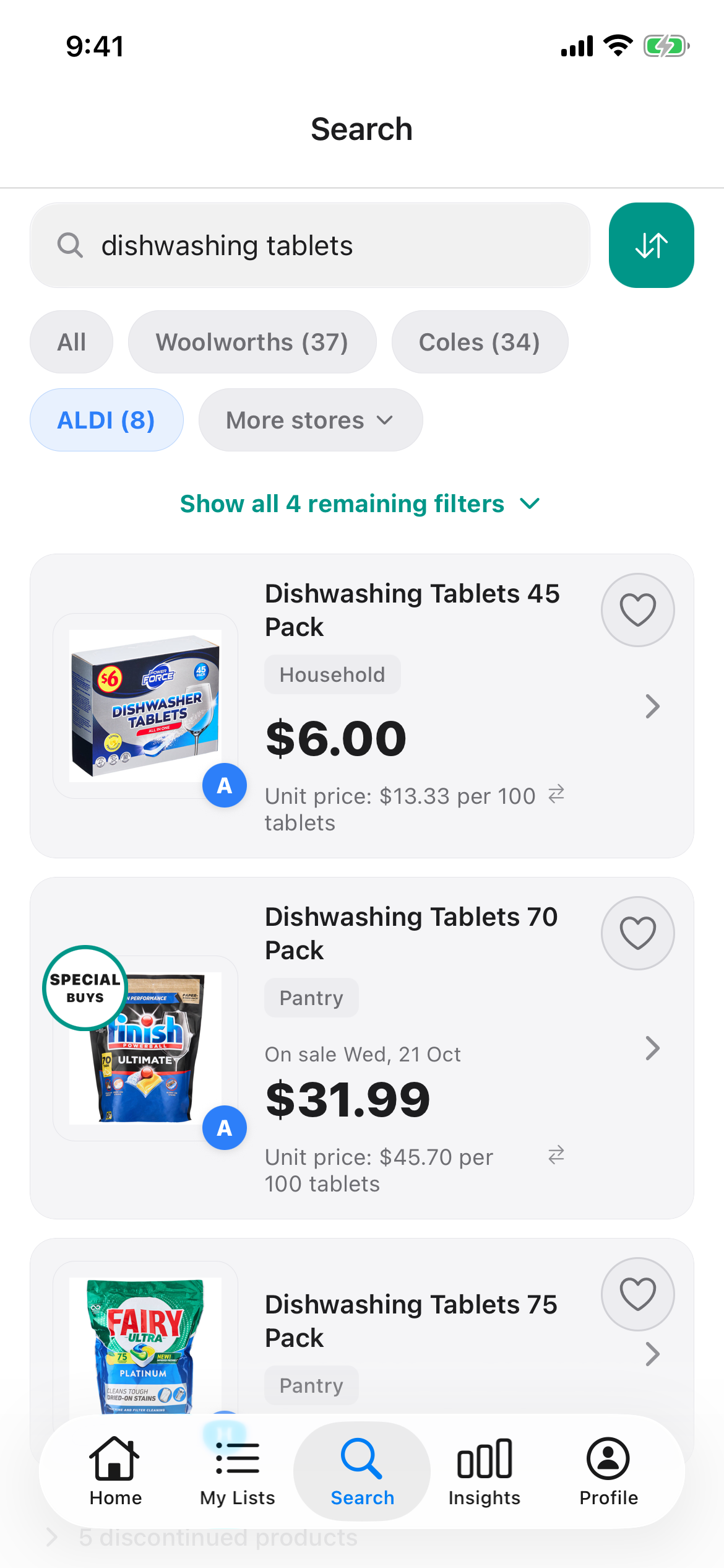 ALDI dishwasher tablets in Discount Trolley on 23 Oct 2026: the 45 pack at $6.00 and a Finish Ultimate 70 pack Special Buy at $31.99, each with its price per 100 tablets.