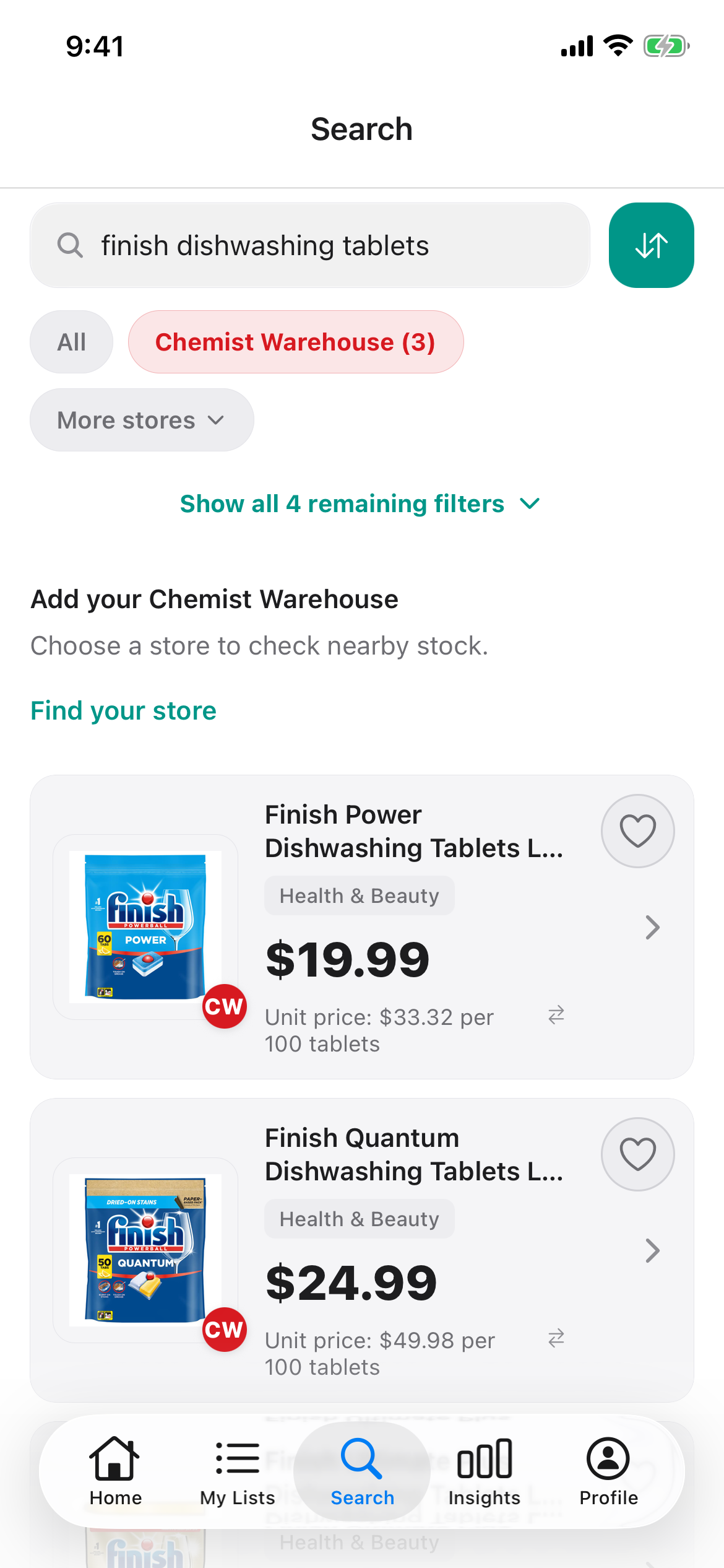 Finish tablets at Chemist Warehouse in Discount Trolley on 23 Oct 2026: the Power 60 pack at $19.99 and the Quantum 50 pack at $24.99, each with its price per 100 tablets.