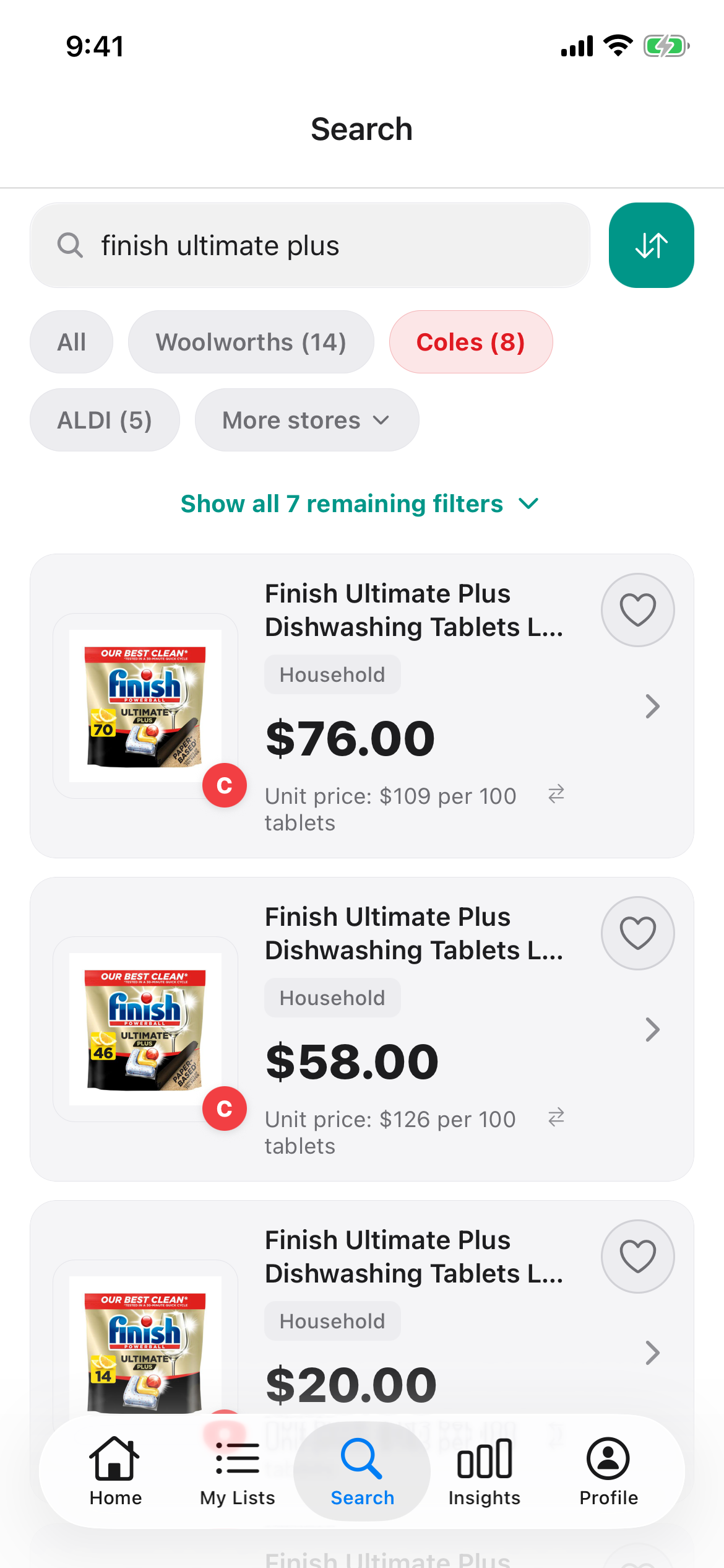 Finish Ultimate Plus at Coles in Discount Trolley on 23 Oct 2026: 70 pack $76.00, 46 pack $58.00 and 14 pack $20.00, each with its price per 100 tablets.