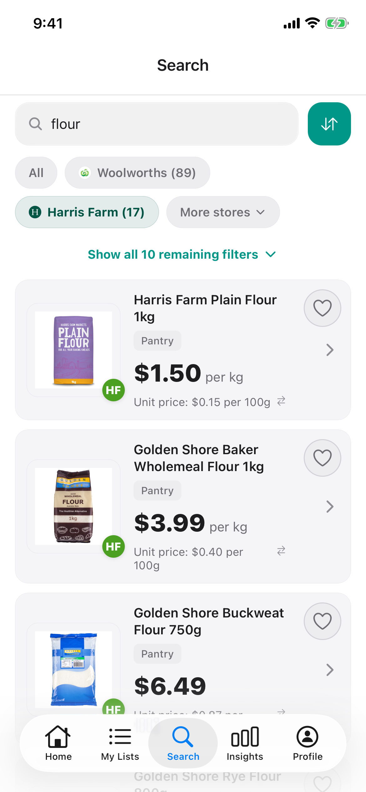 Discount Trolley Harris Farm search for flour on 14 October 2026, showing shelf price and price per 100g on plain, wholemeal and buckwheat flour.