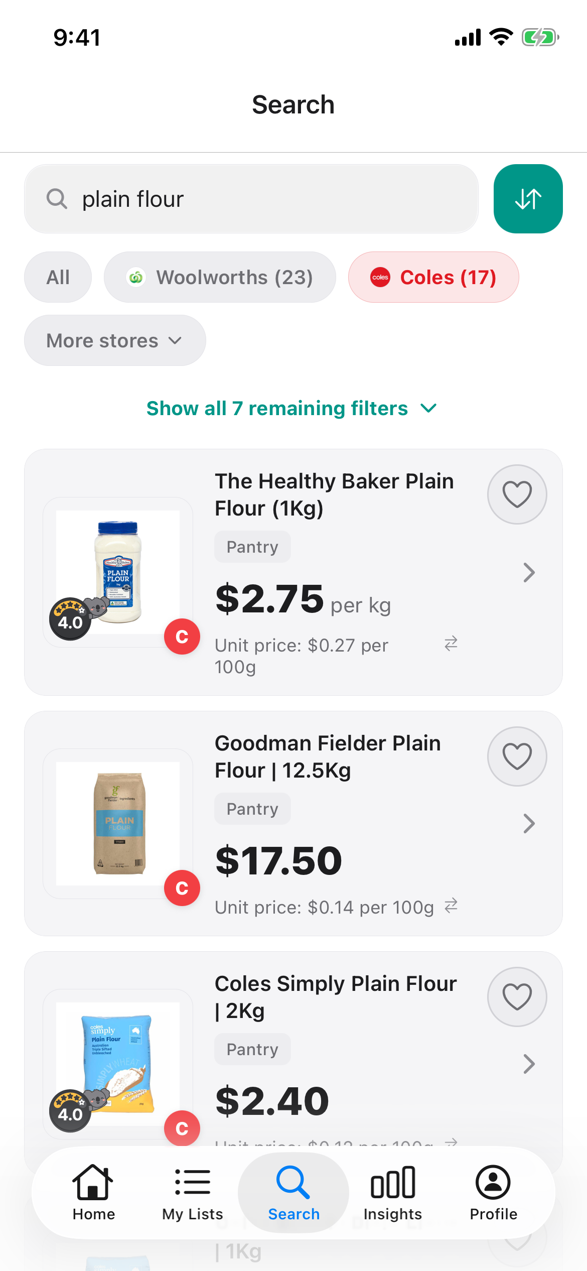 Discount Trolley Coles search for plain flour on 14 October 2026, showing a 1kg tub, a 12.5kg sack and a 2kg bag with the price per 100g on each.