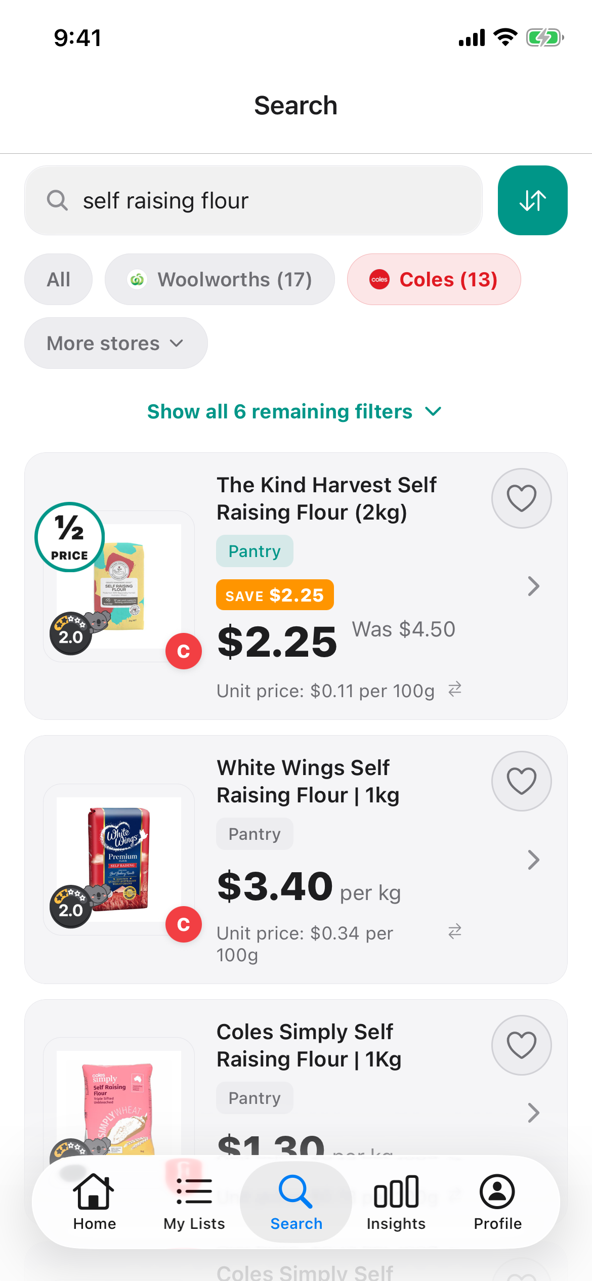 Discount Trolley Coles search for self raising flour on 14 October 2026, showing a special next to name brand and house brand bags with the price per 100g on each.