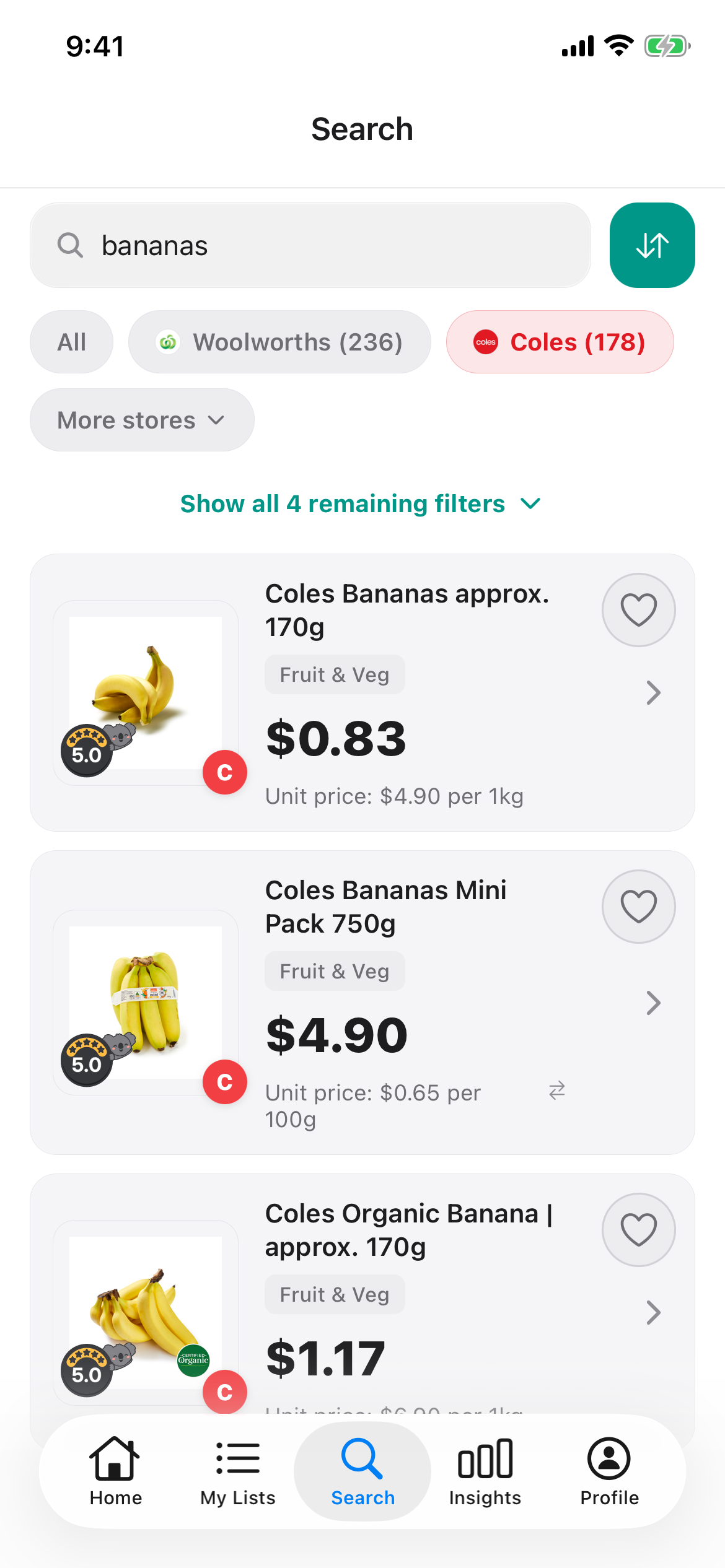 Discount Trolley search for bananas at Coles, showing Coles Bananas approx. 170g at 83 cents and Coles Bananas Mini Pack 750g at $4.90.