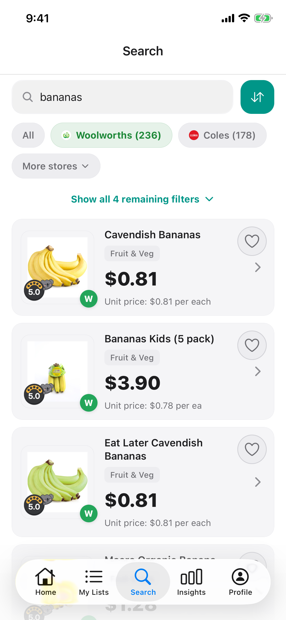 Discount Trolley search for bananas at Woolworths, showing Cavendish Bananas at 81 cents each and Bananas Kids 5 pack at $3.90.