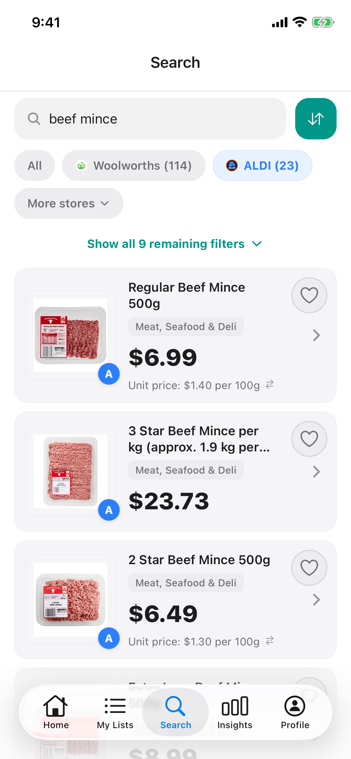 Discount Trolley search for beef mince at ALDI, showing Regular Beef Mince 500g at $6.99 and 2 Star Beef Mince 500g at $6.49, each with a unit price per 100g.
