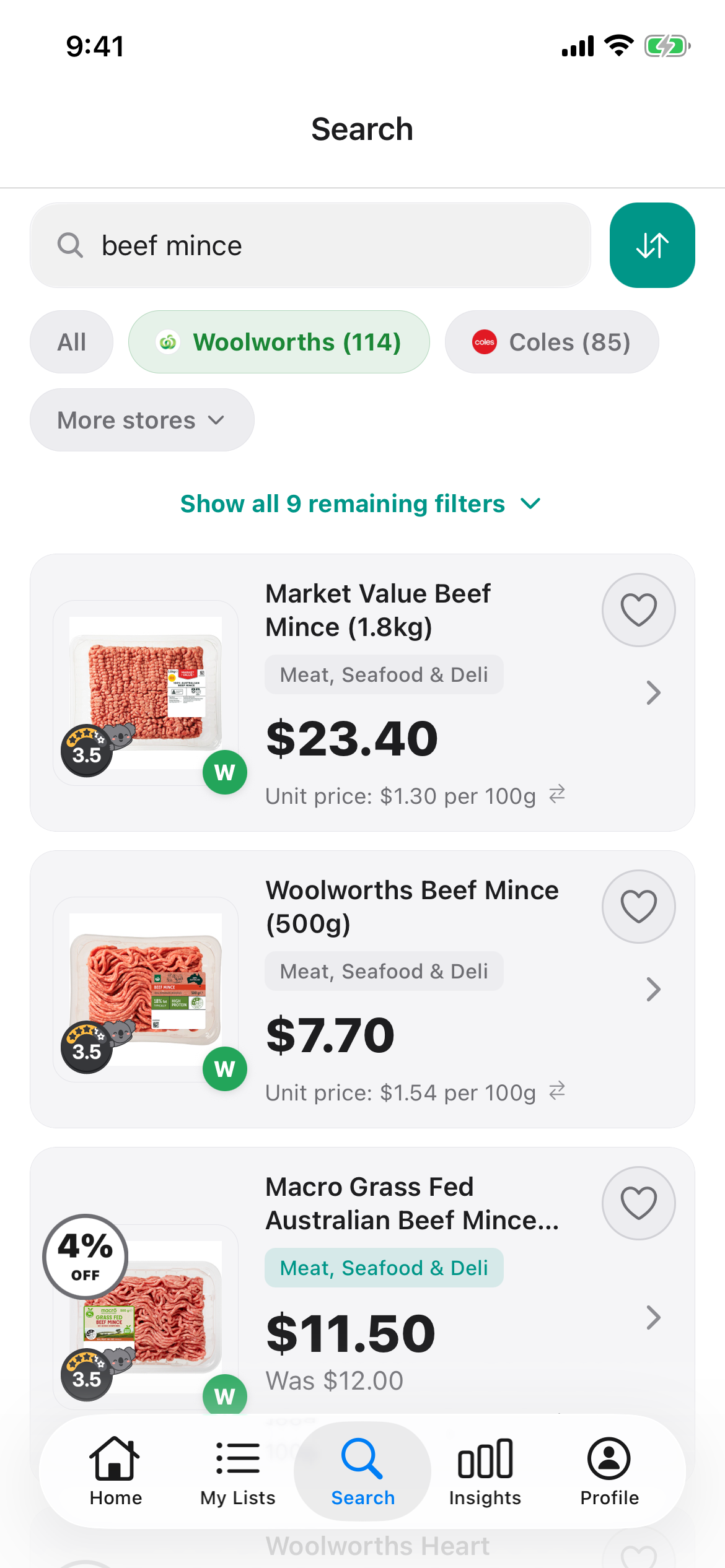 Discount Trolley search for beef mince at Woolworths, showing Market Value Beef Mince 1.8kg at $23.40 and Woolworths Beef Mince 500g at $7.70, each with a unit price per 100g.