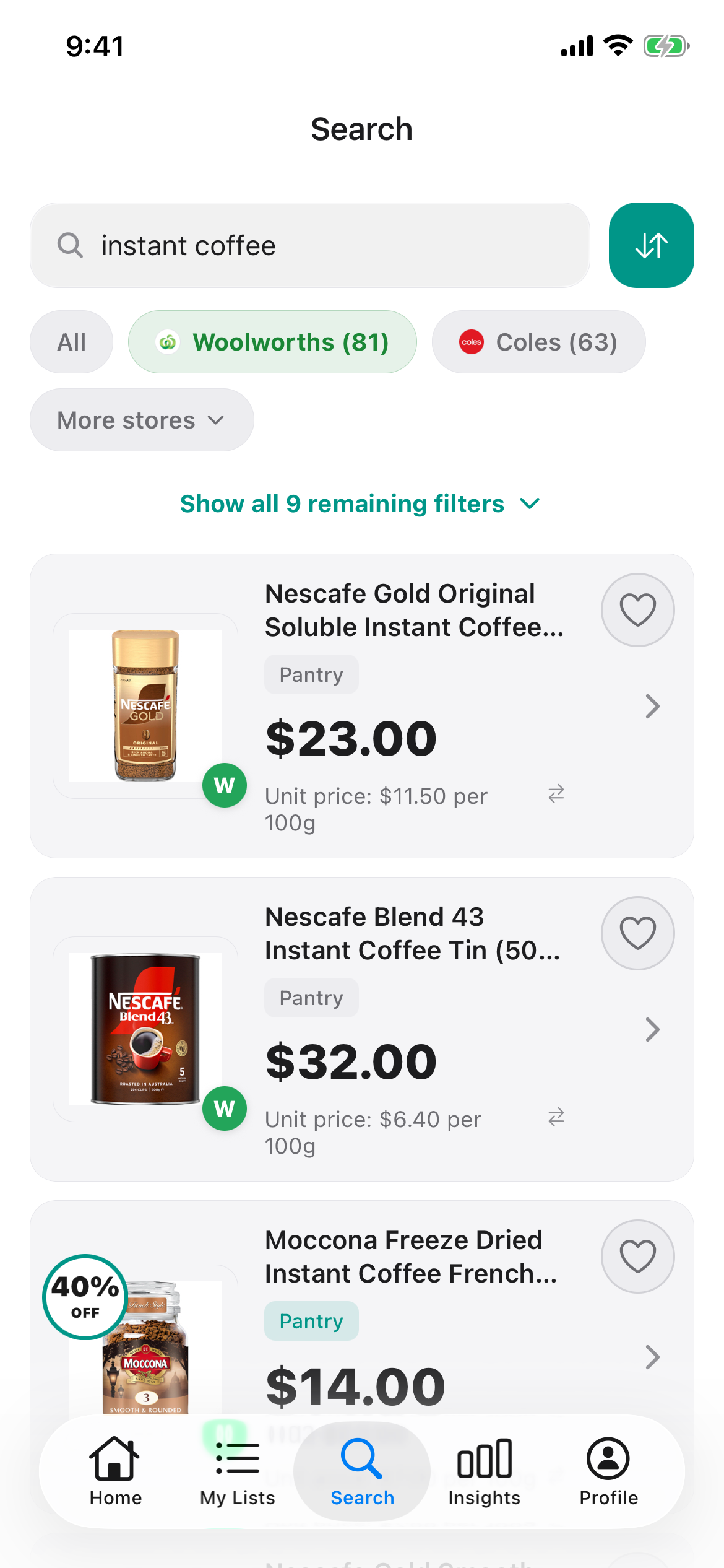 Discount Trolley search for instant coffee at Woolworths, showing Nescafe Gold Original 200g at $23.00 and the Nescafe Blend 43 tin of 500g at $32.00.