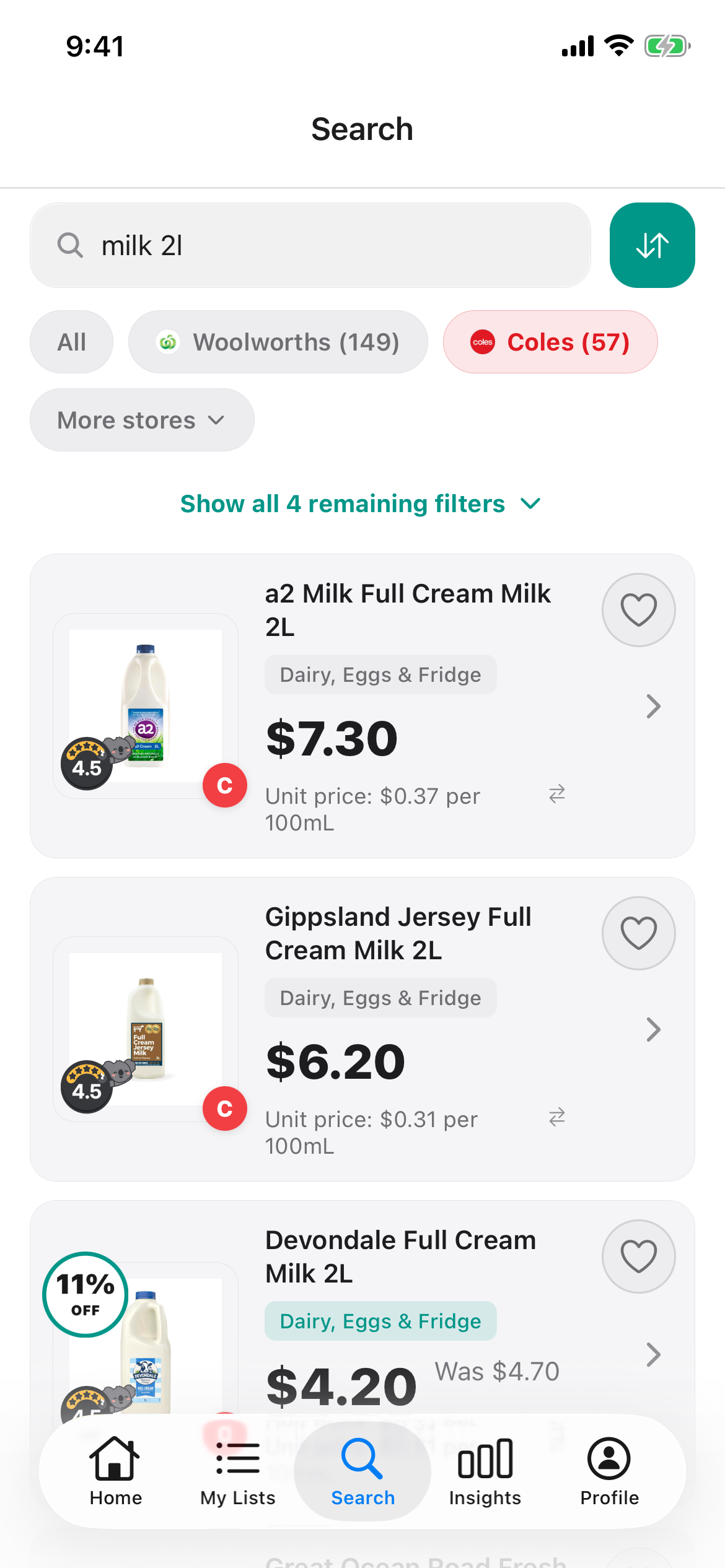 Discount Trolley search for 2L milk at Coles, showing a2 Milk Full Cream Milk 2L at $7.30 and Gippsland Jersey Full Cream Milk 2L at $6.20.