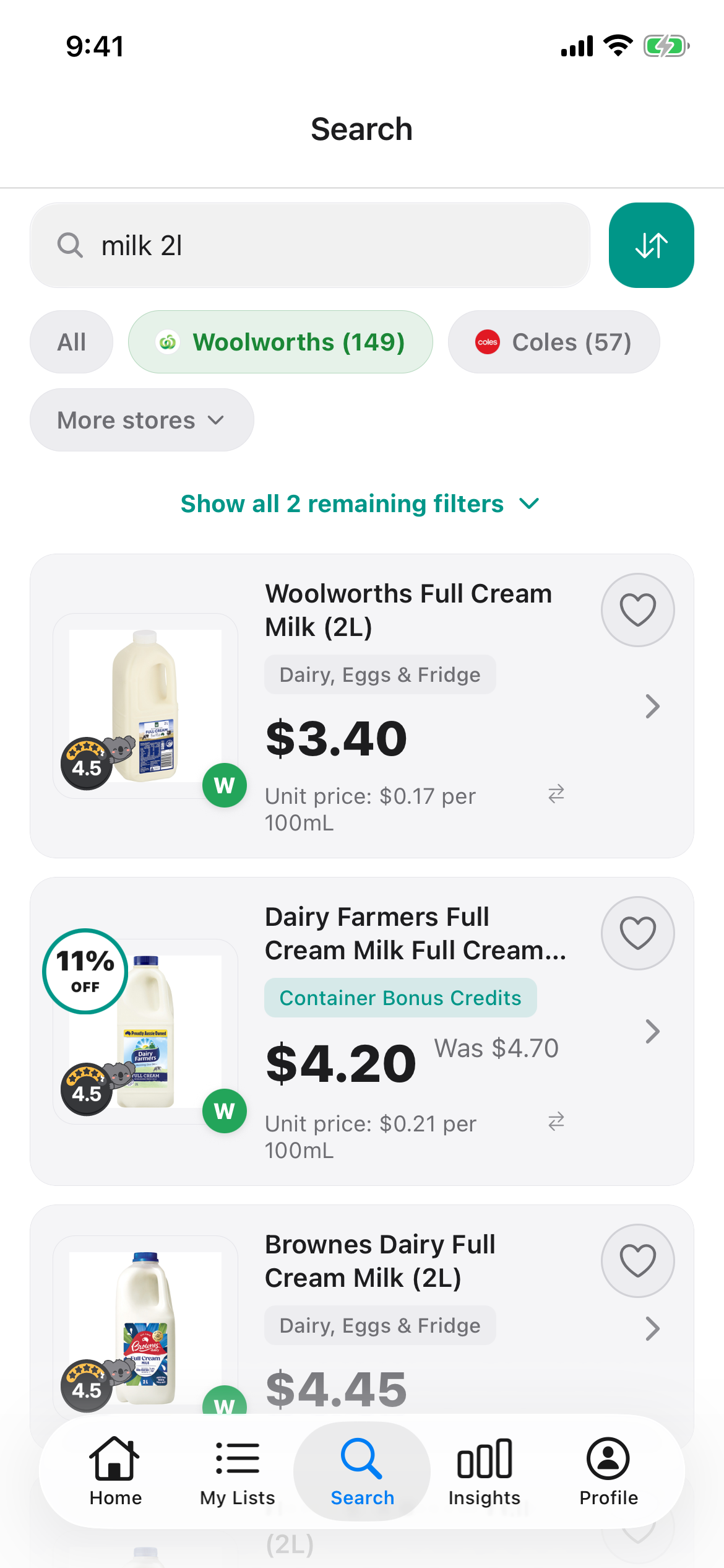 Discount Trolley search for 2L milk at Woolworths, showing Woolworths Full Cream Milk 2L at $3.40 and Dairy Farmers Full Cream Milk 2L at $4.20, down from $4.70.